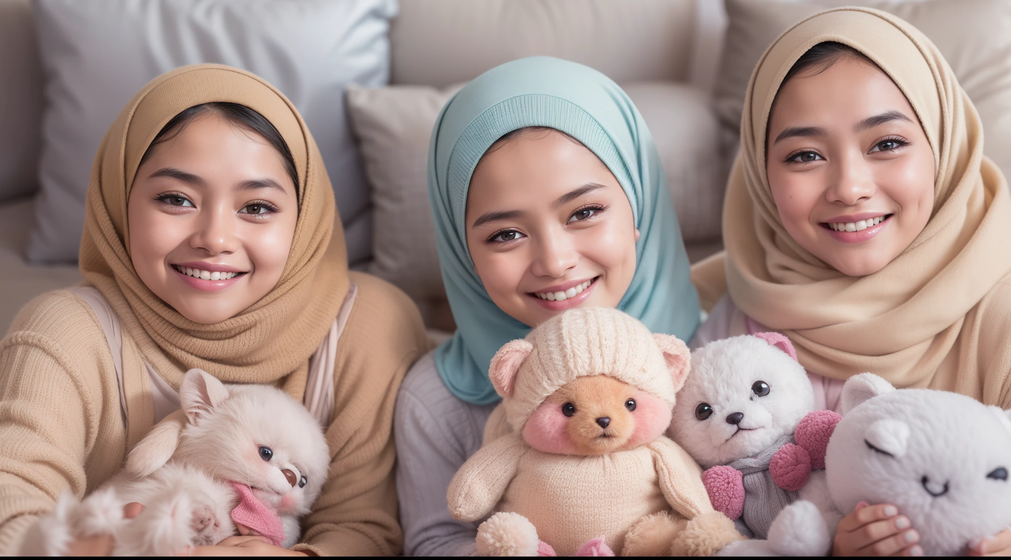 A serene and happy family scene, showing Amir’s loved ones who is wearing niqab, enjoying health and harmony in their cozy, beautifully decorated home.