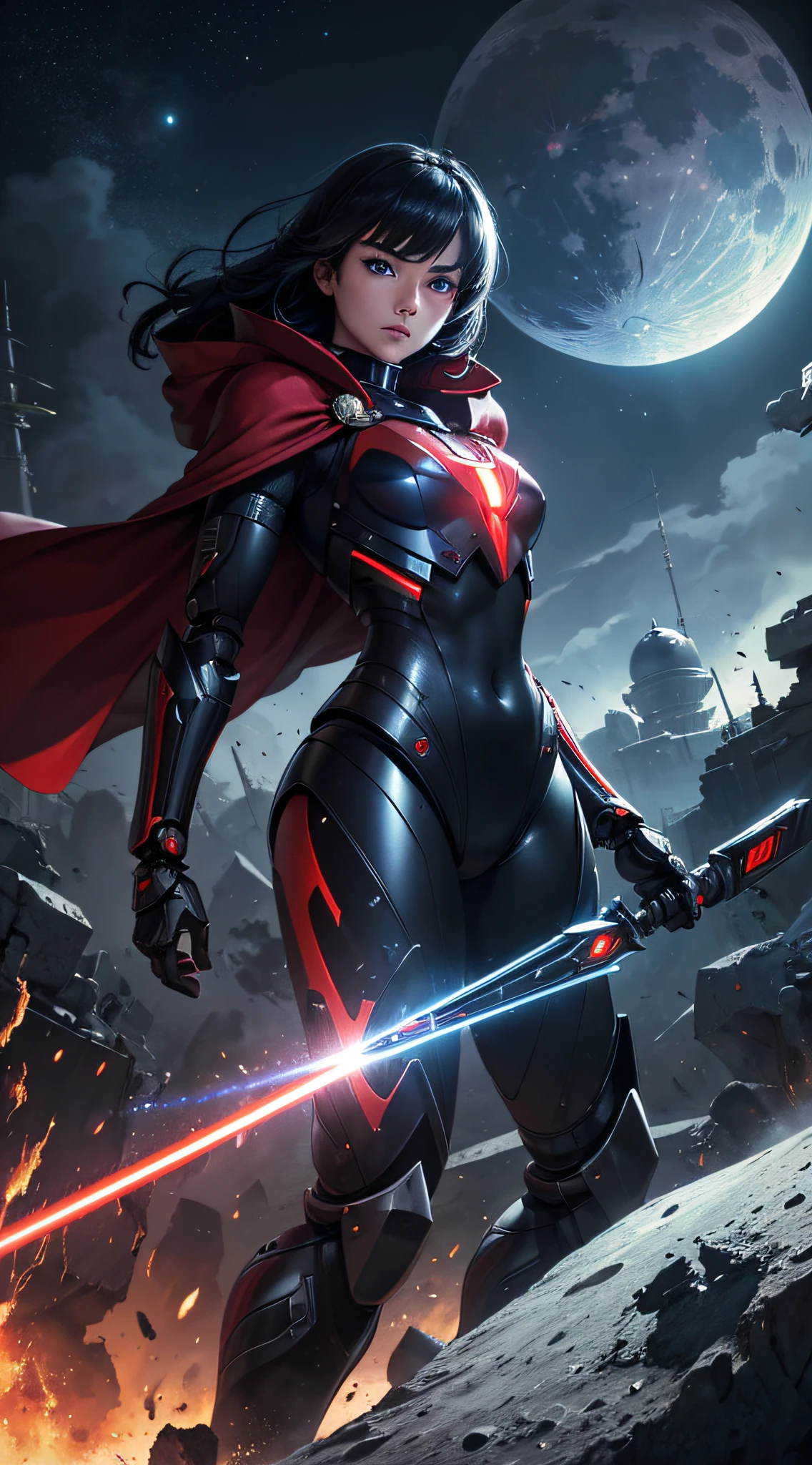 top-quality、Top image quality、​masterpiece、hiquality、Beautiful Art、masutepiece、visualart、depth of fields、male people((in her 20s、well-muscled、Black and red bodysuit、Shout、Laser sword dual wielding、Glowing chest、mechanical cloak、blue eyess、Planktonic)),Background with((Lunar base、battle field、Humanoid robot destroyed),