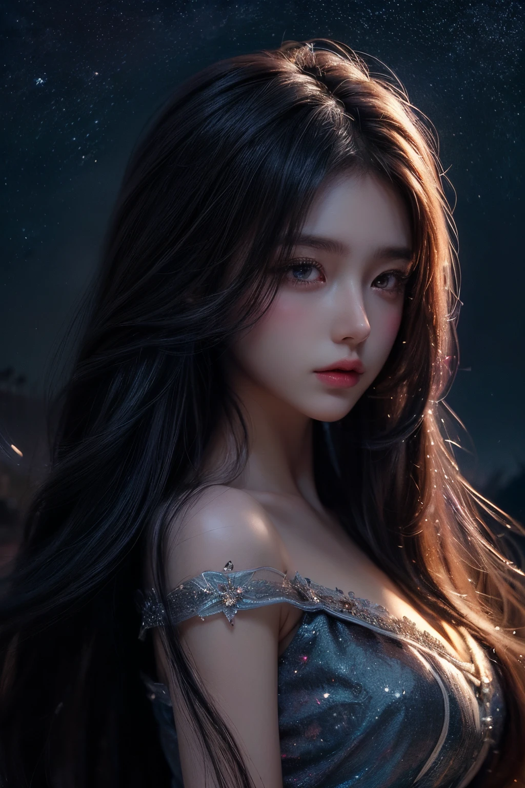 (a girl,night sky,starry sky,close up shot), (illustration,painting), (beautiful,long hair), (sparkling stars,moonlight), (best quality,ultra-detailed), (romantic,colorful), (soft lighting,gentle glow), (no revealing outfits)