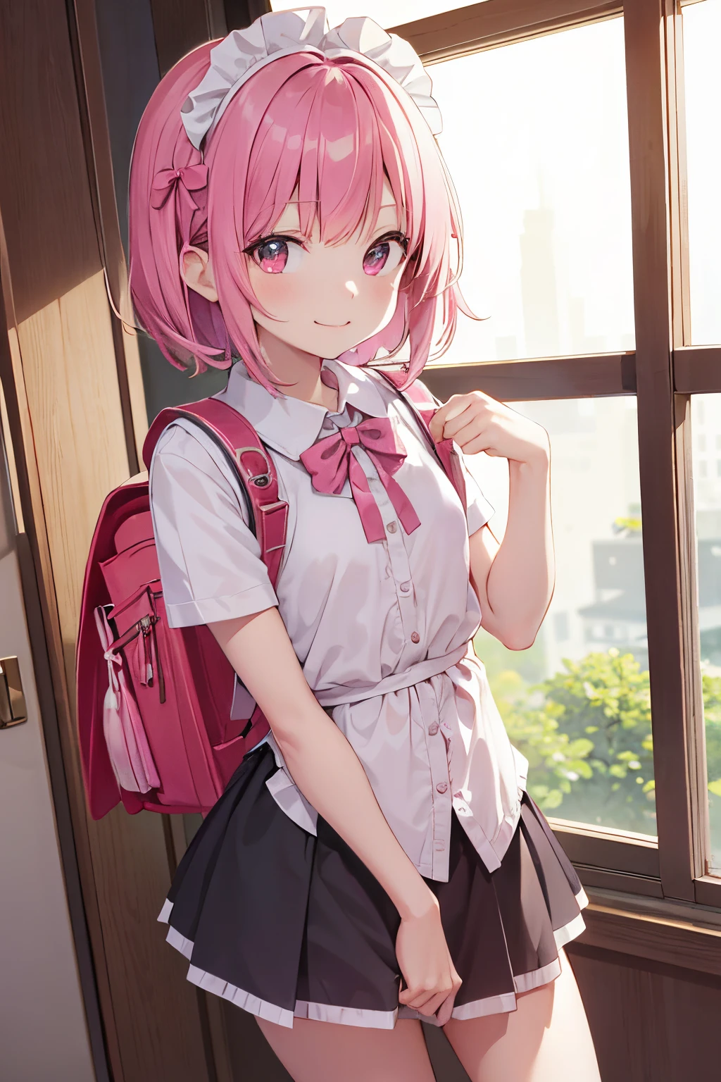 (masutepiece), Best Quality, High resolution, Highly detailed, Detailed background, Perfect Lighting, Indoor, 1girl in, Petite, Looking at Viewer, Petite, Maid Uniform, Adorable smile, Wearing a pink school bag backpack, (Randoseru Backpack:1.0)