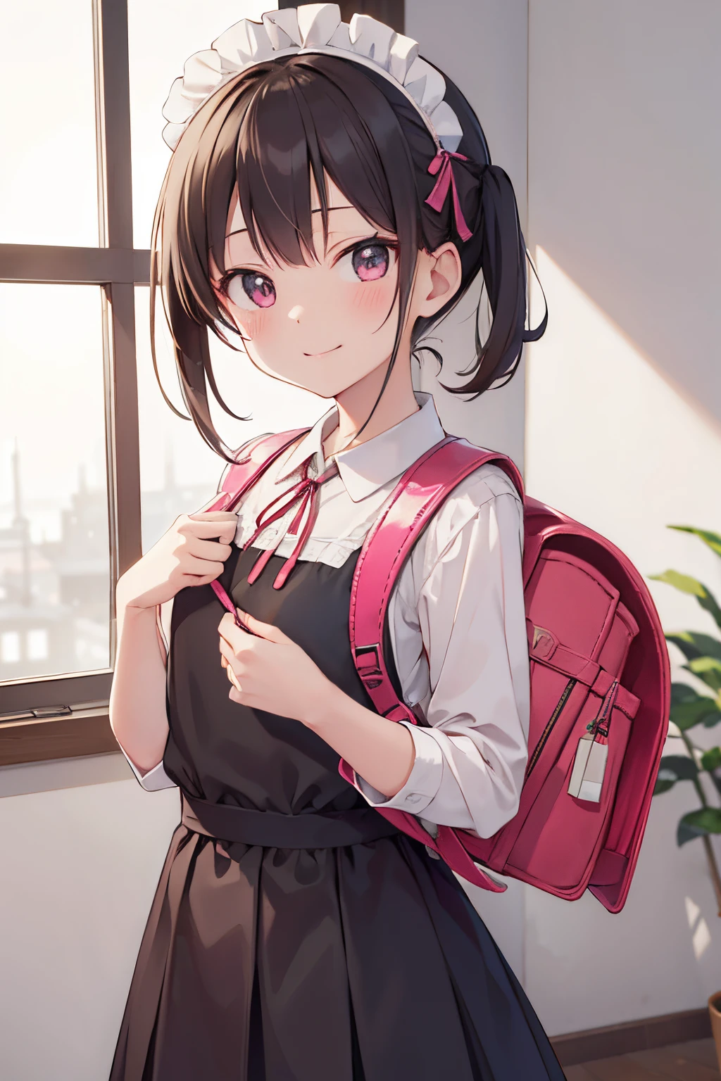 (masutepiece), Best Quality, High resolution, Highly detailed, Detailed background, Perfect Lighting, Indoor, 1girl in, Petite, Looking at Viewer, Petite, Maid Uniform, Adorable smile, Wearing a pink school bag backpack, (Randoseru Backpack:1.0)