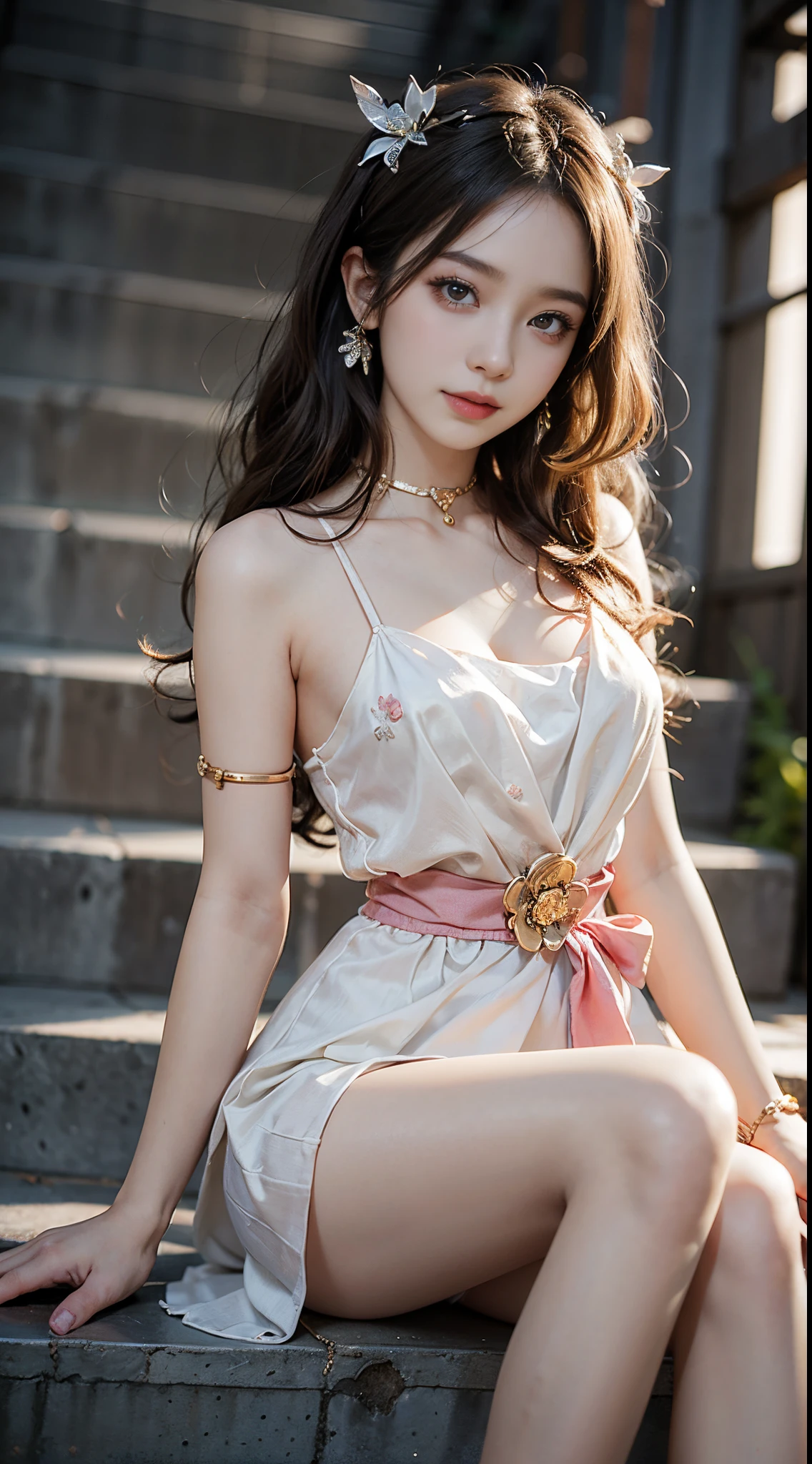 ((realistic)), a young girl, beautiful teenage girl, White floral dress, high-waist, Nice belt, cropped shoulders, slim, Slimming the waist, high-heels, Shy, grin, 耳Nipple Ring、choker necklace、Hairpins，Heavy makeup，Gorgeous eye makeup，extremely beautiful eyes, golden hair, curlies, Long flowing hair, simple backgound, Sit Pose, Stairwell, sit on stairs, Cross ed leg, Flirting skirts, posed for photo, posing elegantly, Random shooting angle, warm lights, a warm color palette, Professional lighting, フォトンマッピング, ラジオシティ, Physically-based rendering, RAW photos, Best quality, beauitful face,  Beautiful skins， Attractive， 超高分辨率， ultra real photo