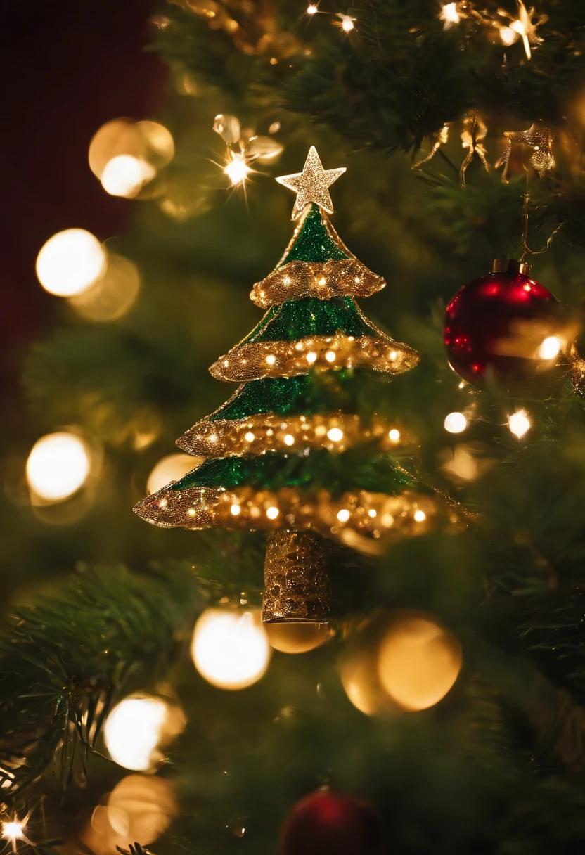 A close-up shot of a beautifully illuminated Christmas tree, capturing the intricate patterns and details of the lights, as well as the reflection of ornaments and tinsel.