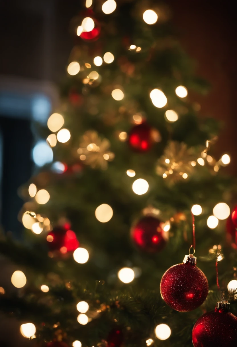 A close-up shot of a beautifully illuminated Christmas tree, capturing the intricate patterns and details of the lights, as well as the reflection of ornaments and tinsel.