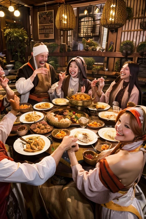 ((masterpiece, best quality, absurdress)), Cozy ambiance with a bustling sweet potato stew gathering, where a group of four men and women joyfully surrounds a large pot, simmering taro and leeks. Everyone is happily laughing, creating a heartwarming scene.