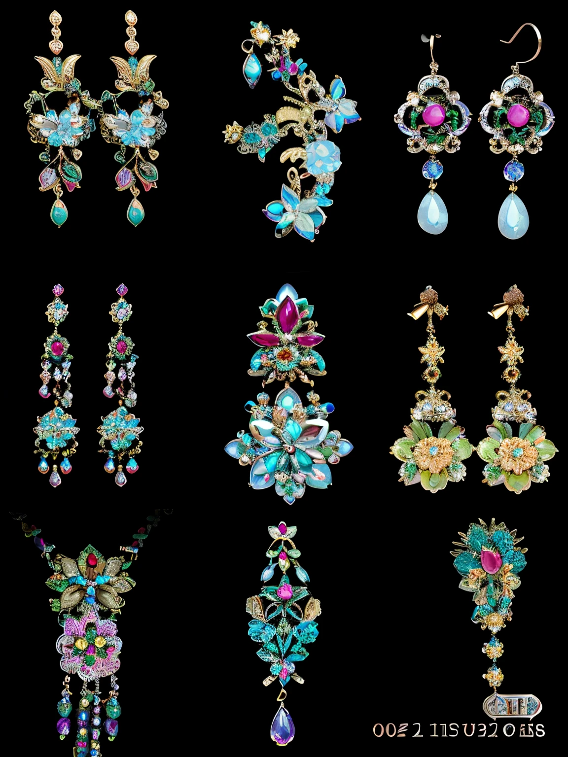 Close-up of a pile of different colored jewelry on a black background, flashy jewels, flashy jewels, Exquisite and gorgeous jewelry, intricate jewelry, ornate and intricate jewelry, filigree jewelry, Baroque art jewelry, Intricate jewelry, Gorgeous gemstones, Super complex jewelry, oriental art nouveau, opal statues adorned in jewels, 耳Nipple Ring. The is very detailed, Decorated with precious stones, 耳Nipple Ring