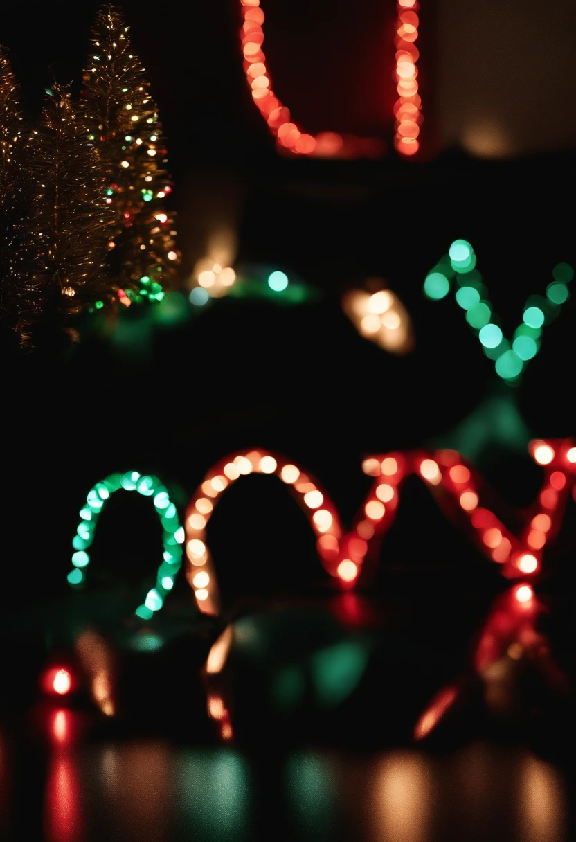 A realistic photograph of Christmas lights arranged in the shape of a festive word or phrase, such as “joy” or “peace,” against a dark backdrop, creating a whimsical and captivating visual display.