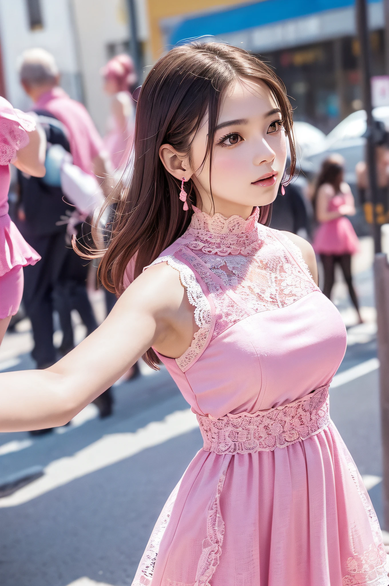 a woman posing on the street corner with pink dress on, best quality, high res, 8k, 1girl, (huge breasts), day, bright, outdoor, (street:0.8), (people, crowds:1), (lace-trimmed dress:1.5, pink clothes:1.5, pink high-neck dress:1.5, sleeveless dress, pink dress: 1.5), gorgeous, (medium hair), beautiful detailed sky, beautiful earrings, (dynamic pose:0.8), (upper body:1.2), soft lighting, wind, shiny skin, looking at viewer,
