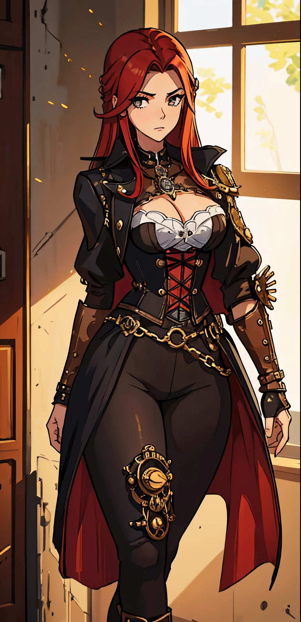 Erza Scarlet is one of the main characters in the series. The young woman with scarlet hair and brown eyes is described as an amazing woman, very strict and who does not admit when others make mistakes. She's a slender, Figura elegante com curvas bem desenhadas. Her most common attire consists of a corset with custom-made laces, a pair of black pants, Botas pretas e brincos em forma de diamante, in high resolution, circunstanciado ((melhor qualidade)) ((Steampunk)) ((olhos bonitos))