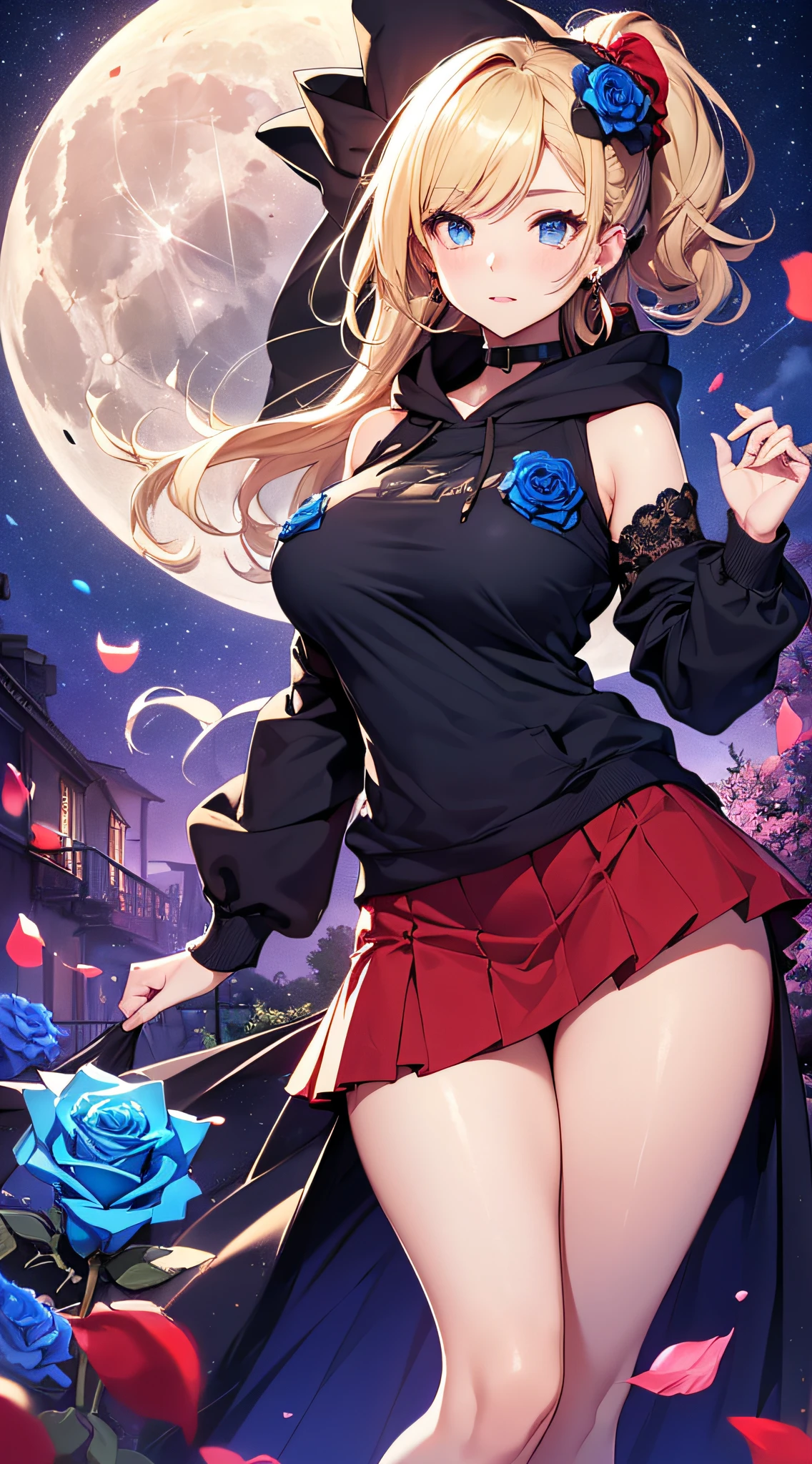 top-quality、Top image quality、​masterpiece、girl with((18year old、Best Bust、big bast,Beautiful blue eyes、Breasts wide open, Blonde ponytail、A slender,Large valleys、Black hoodie、Red and black skirt、Sleeveless、Ruby Earrings、Lie on your back)）hiquality、Beautiful Art、Background with((Full Moon Night、dancing rose petals、Beautiful night sky、blue rose meadow)))、,masutepiece、visualart、depth of fields、