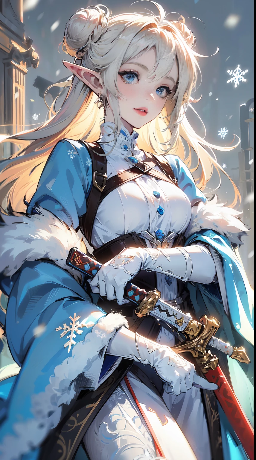 1elf girl, solo, (white blonde hair, Deep Blue Eyes:1.2), Perfect lips, Birdcage Bun, asymmetrical bangs:1.3, light smile, fur trim, fur-trimmed sleeves, long sleeves, holding weapon, sword, chibi. A illustration of a lady with white hair and a sword is in the snow, snowflakes. by Alphonse mucha