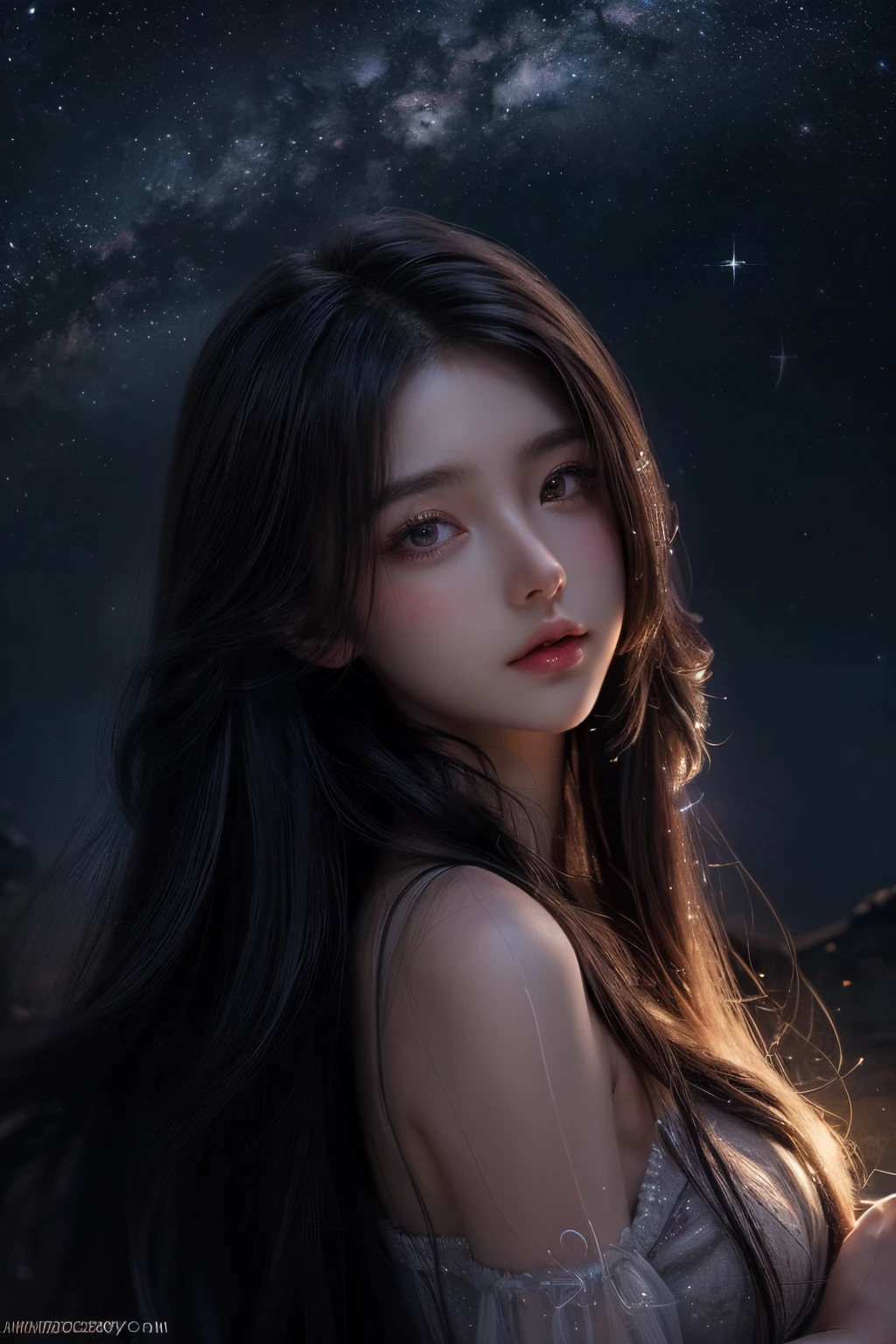 (best quality,4k,8k,highres,masterpiece:1.2),ultra-detailed,(realistic,photorealistic,photo-realistic:1.37),girl,star-filled sky,dark-colored dress,shining stars,long flowing hair,fair skin,sparkling eyes,mirror-like reflections,ethereal atmosphere,moonlight,silhouette,serene expression,starry night,peaceful ambiance,gentle breeze,graceful movements,majestic background,cosmic wonders,stellar beauty,dreamlike setting,vivid colors,soft focus,astral glow,celestial beings,celestial music,luminous constellations,galactic dreams,magical night sky,mesmerizing sight,enchanting nightfall,stunning night scenery,nighttime serenity,night sky spectacle,spectacular celestial display