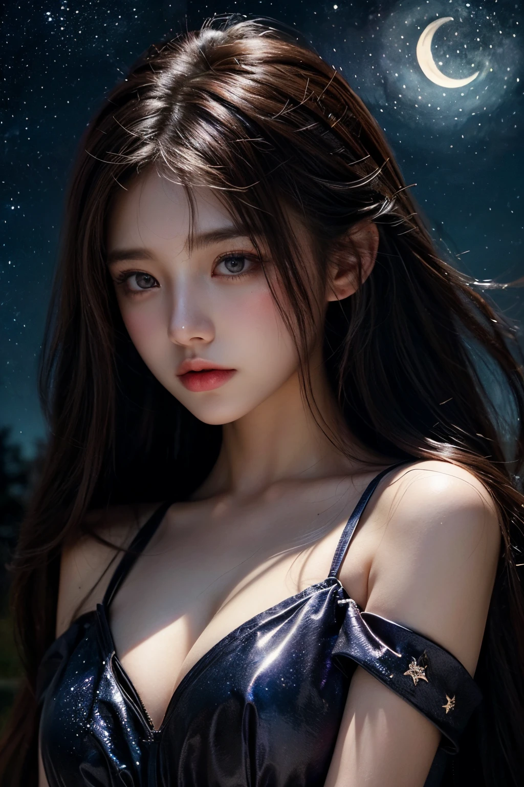 (a girl,night sky,starry sky,close up shot), (illustration,painting), (beautiful,long hair), (sparkling stars,moonlight), (best quality,ultra-detailed), (romantic,colorful), (soft lighting,gentle glow), (no revealing outfits), looking at the viewer.