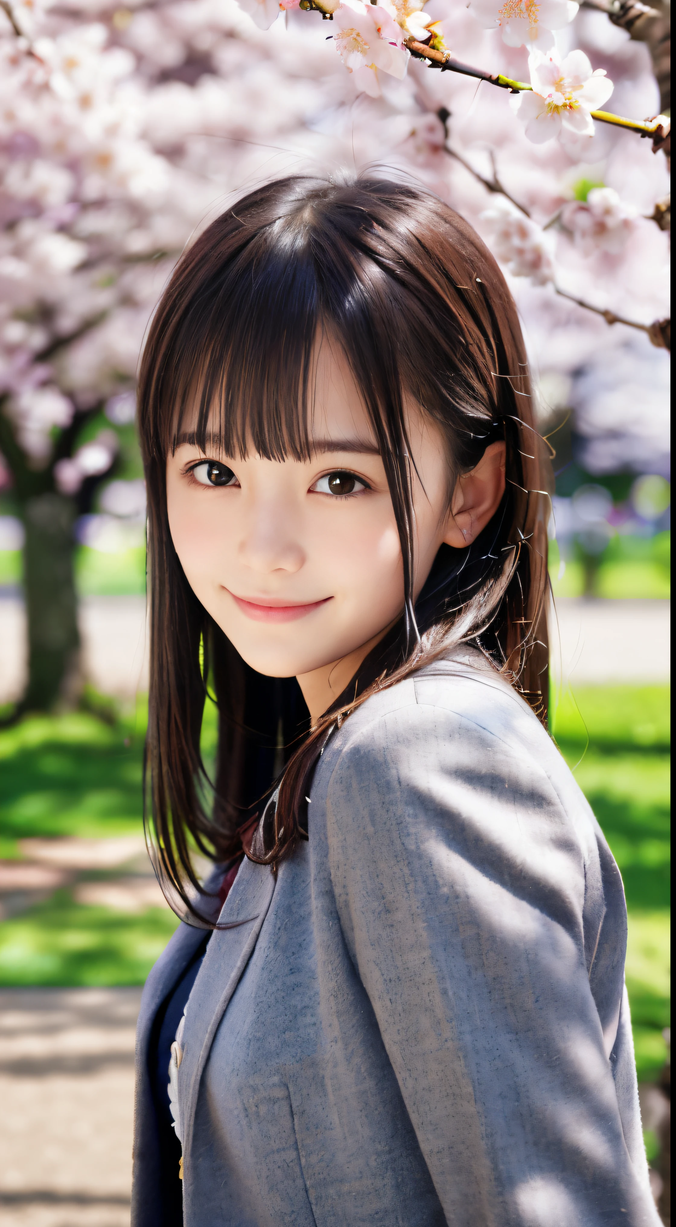 (Low angle shot of one slender small breasts half up hair with dull bangs girl in spring coat and shirt :1.5)、(The girl turns around with a small smile、the hair flutters with the wind :1.5)、(low angle shot:1.5)、(Rows of cherry blossom trees in full bloom and cherry blossom petals dancing in the wind:1.5)、(Blurry background,:1.5)、(Perfect Anatomy:1.3)、(No mask:1.3)、(complete fingers:1.3)、Photorealistic、Photography、masutepiece、top-quality、High resolution, delicate and pretty、face perfect、Beautiful detailed eyes、Fair skin、Real Human Skin、pores、((thin legs))、(Dark hair)