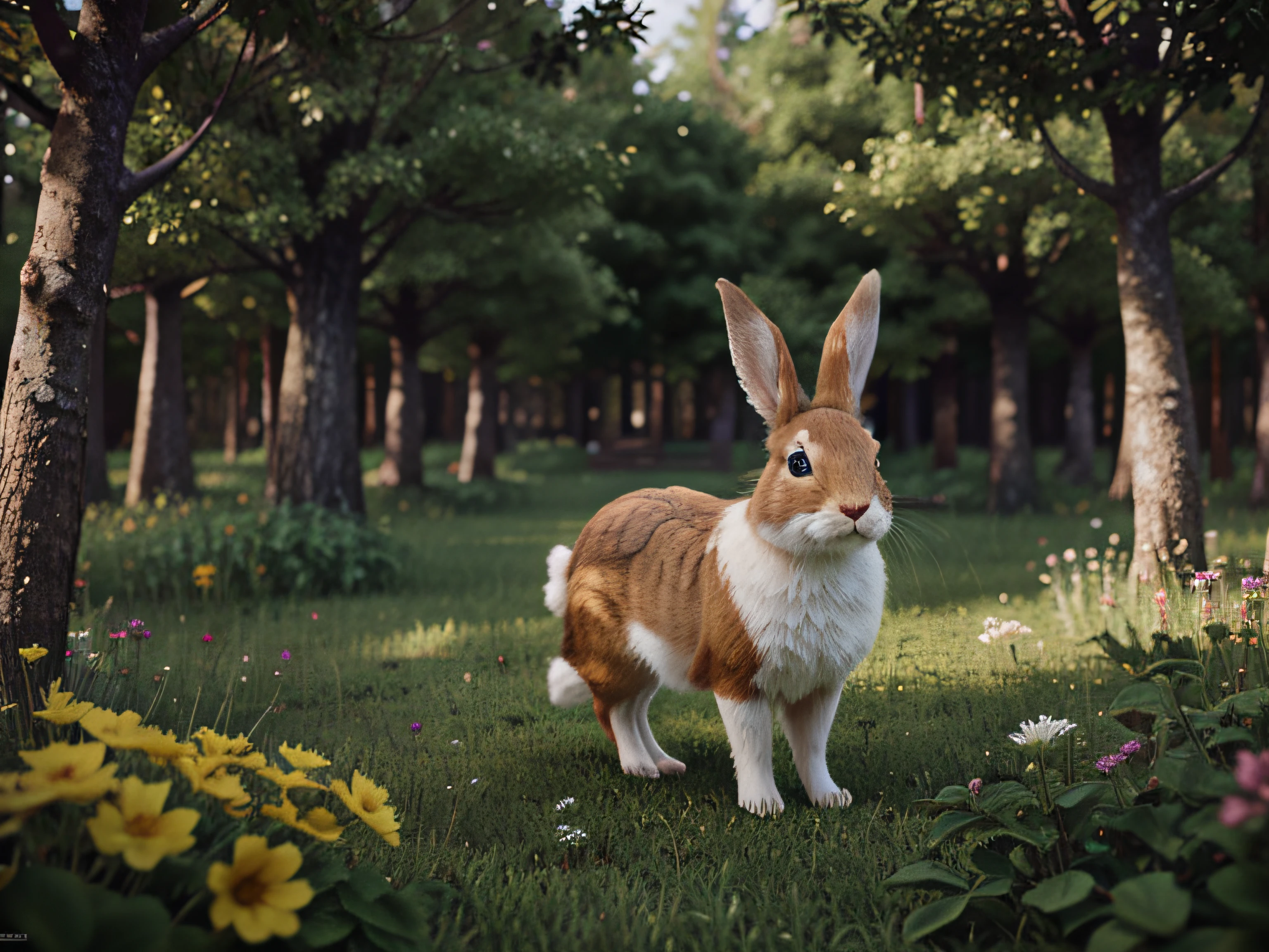 The rabbit is in the forest and there are many beautiful, colorful flowers. , 3d picture