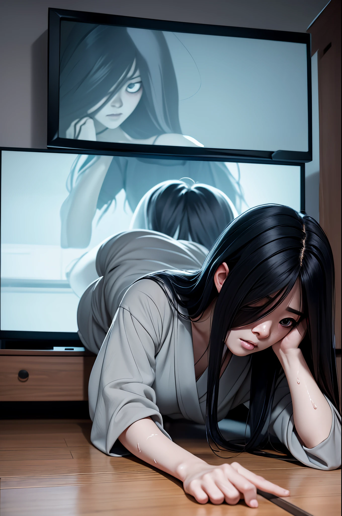 Sadako, soaking, wet robe, gray colored skin, Hair covers the face, sexy for.Sadako crawled out of the TV，A woman lying on the floor in front of the TV, japanese horror, style of hajime isayama, japanese horror movie footage, Junji Ito 4K, japanese pop surrealism