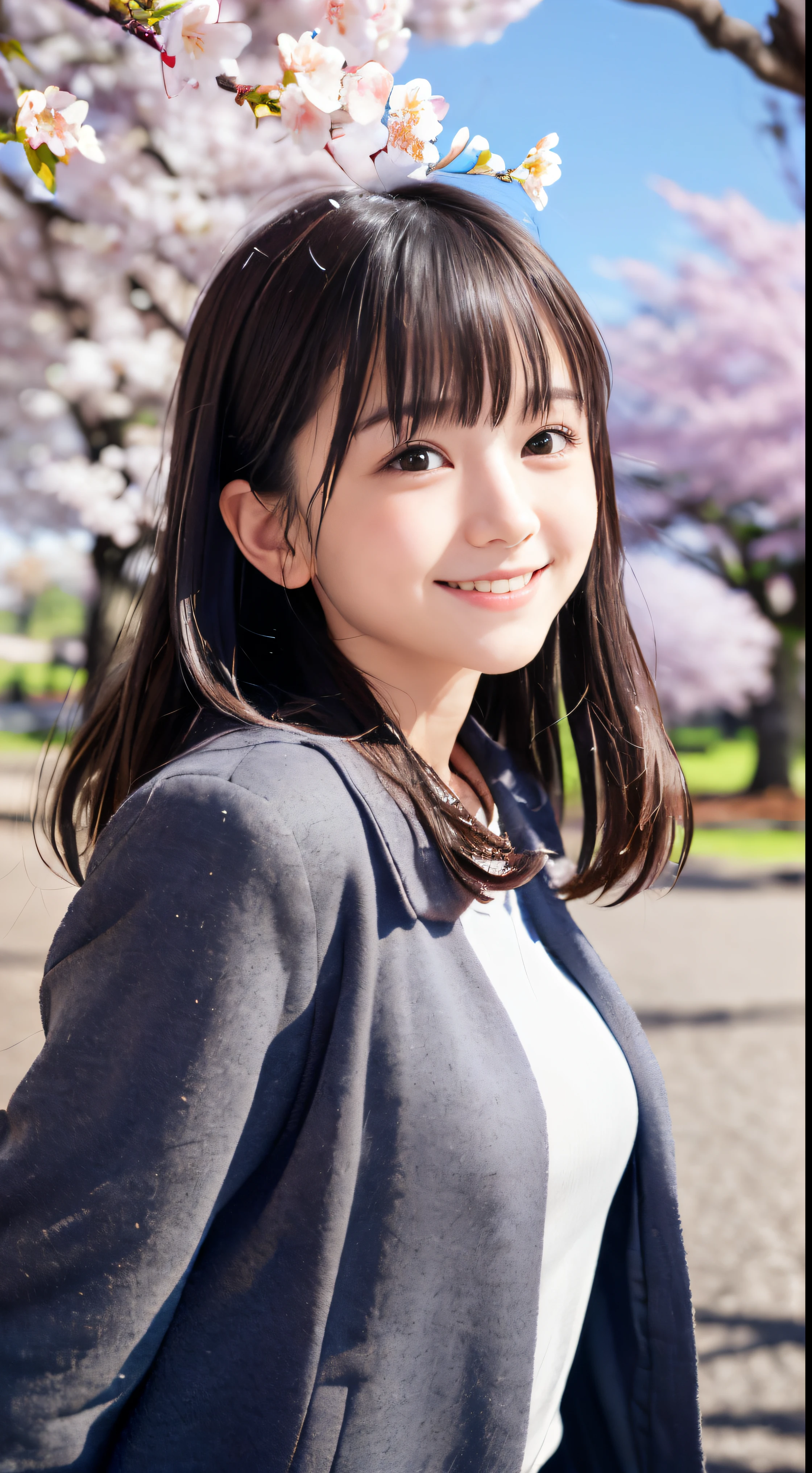 (Low angle shot of one slender small breasts half up hair with dull bangs girl in spring coat and shirt :1.5)、(The girl turns around with a small smile、the hair flutters with the wind :1.5)、(low angle shot:1.5)、(Rows of cherry blossom trees in full bloom and cherry blossom petals dancing in the wind:1.5)、(Blurry background,:1.5)、(Perfect Anatomy:1.3)、(No mask:1.3)、(complete fingers:1.3)、Photorealistic、Photography、masutepiece、top-quality、High resolution, delicate and pretty、face perfect、Beautiful detailed eyes、Fair skin、Real Human Skin、pores、((thin legs))、(Dark hair)