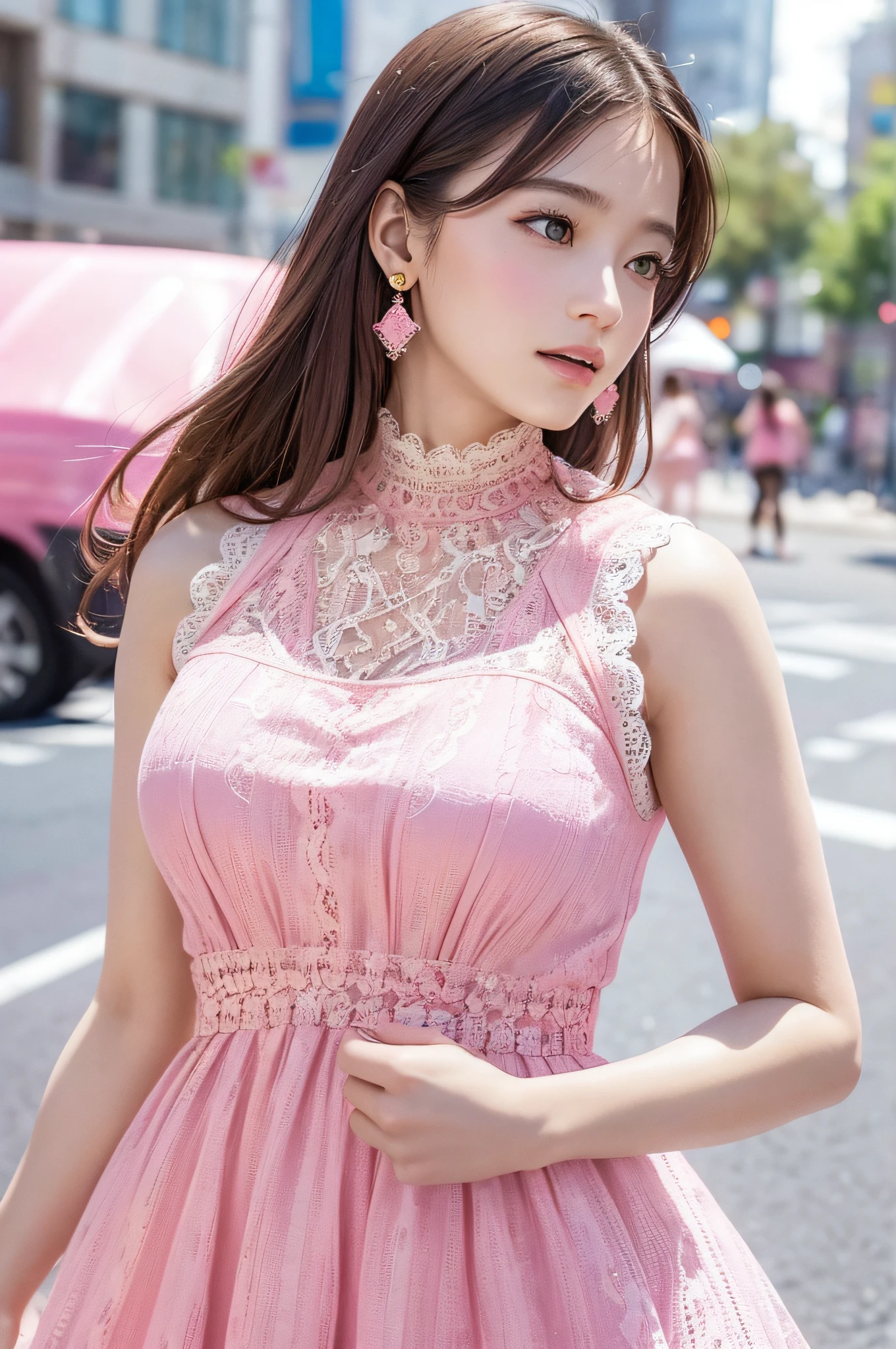 a woman posing on the street corner with pink dress on, best quality, high res, 8k, 1girl, (huge breasts), day, bright, outdoor, (street:0.8), (people, crowds:1), (lace-trimmed dress:1.5, pink clothes:1.5, pink high-neck dress:1.5, sleeveless dress, pink dress: 1.5), gorgeous, (medium hair), beautiful detailed sky, beautiful earrings, (dynamic pose:0.8), (upper body:1.2), soft lighting, wind, shiny skin, looking at viewer,