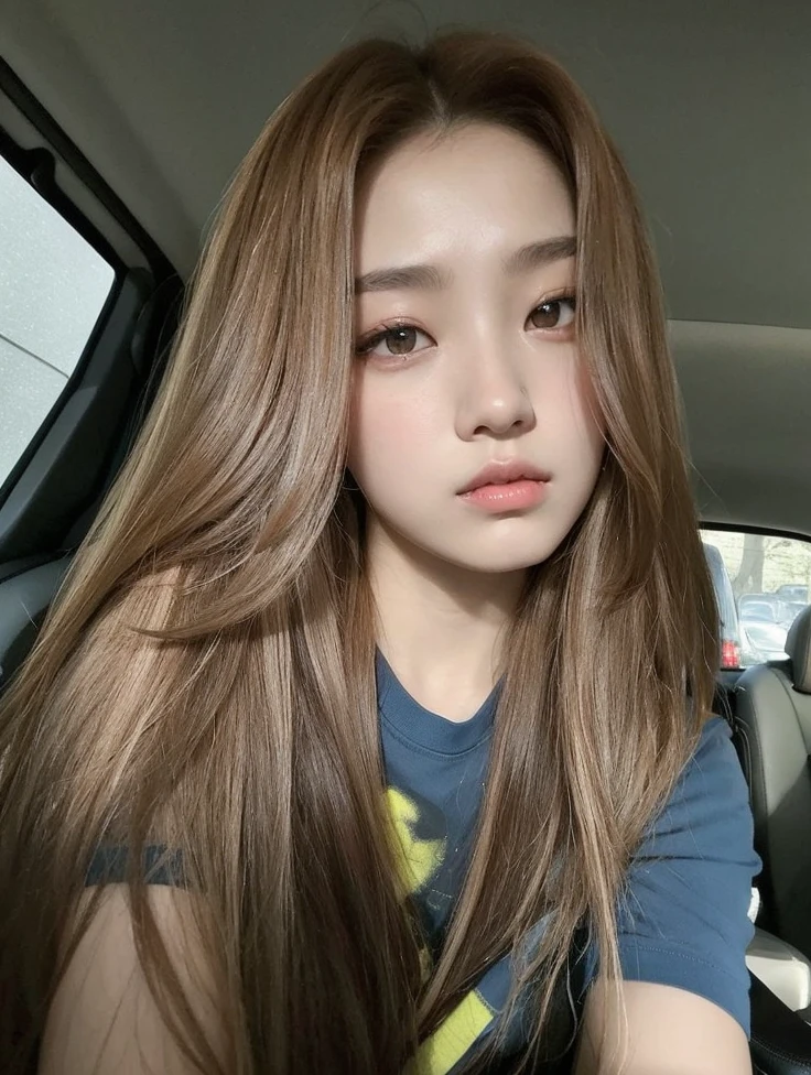 arafed woman with long hair sitting in a car with a blue shirt, roseanne park of blackpink, jossi of blackpink, jaeyeon nam, blackpink jennie, the hime cut, her skin is light brown, with long hair, jinyoung shin, ulzzang, lalisa manobal, 19-year-old girl, wan adorable korean face