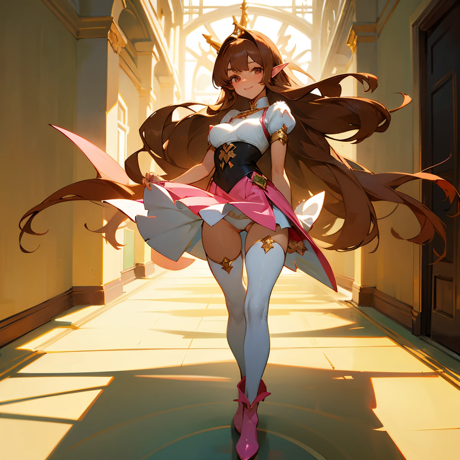 Generates a perfectly detailed, high-resolution full-body image of a beautiful elf princess with long brown hair and a hime-style hairstyle, with beautiful golden almond eyes, medium breasts, horrible thighs, tanned skin, mischievous smile, playful look. Her elvish-style wardrobe consists of a pink skirt, green blouse, tight thigh-high stockings, high-heeled fur boots, and tight white panties. The princess is standing in a hallway with her legs spread apart while she shows off her crotch. The image is inspired by the darling in the franx anime and the ranma1/2 anime