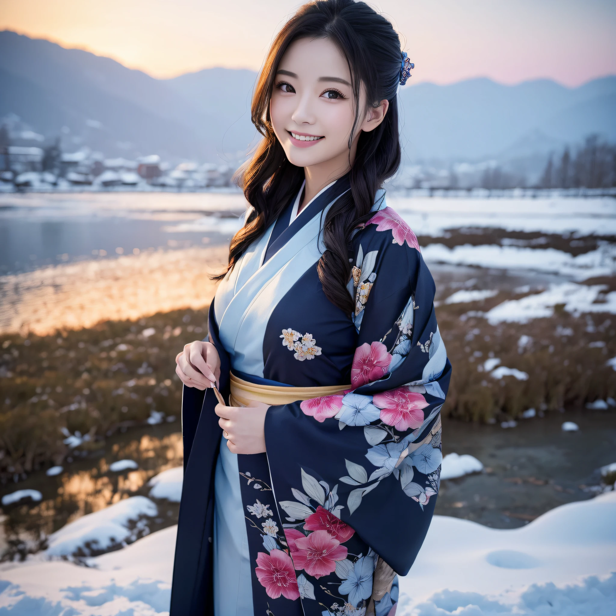 (Super beautiful woman in kimono)、((best qualtiy、8k masterpieces:1.3))、foco nítido:1.2、(ultra beautiful faces:1.0)、(shinny skin:1.0)、photos realistic、A dark-haired、Video Lighting、High-definition eyes and face、Video Lighting、Japanese actressl、from the front side、medium breasts、With a happy smile、Slender Abs Beauty、Whole body、wearing kimonos、In a snowy landscape in the middle of winter、Obi