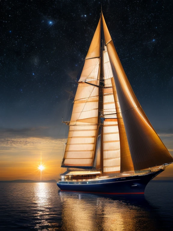 In a breathtaking scene, a resplendently majestic solar sailer glides through a tranquil sky. by alex1shved It is a vibrant and opulent vessel, adorned with glistening golden accents and intricate celestial motifs. The image, a digitally enhanced photograph, captures the sailer in impeccable detail, showcasing its sleek contours and shimmering solar panels. Each intricate brushstroke brings out the vessel's magnificence, its regal presence commanding attention. The viewer is transported into a realm of utmost luxury and futuristic elegance, where the solar sailer stands as a beacon of technological prowess and artistic craftsmanship. by alex1shved