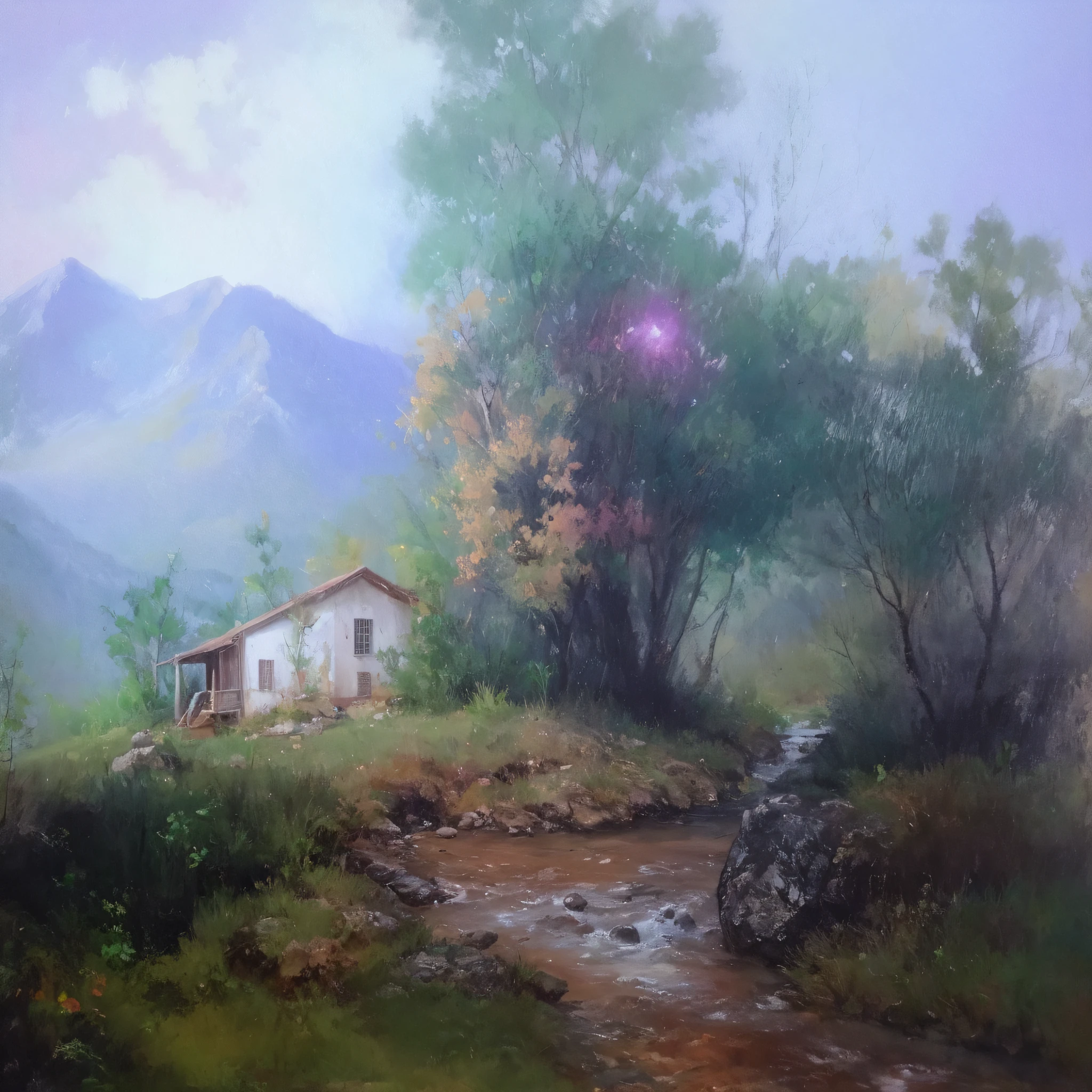 pintura de uma pequena casa , with a stream running crystal clear waters, montanhas ao fundo,super realista,8k