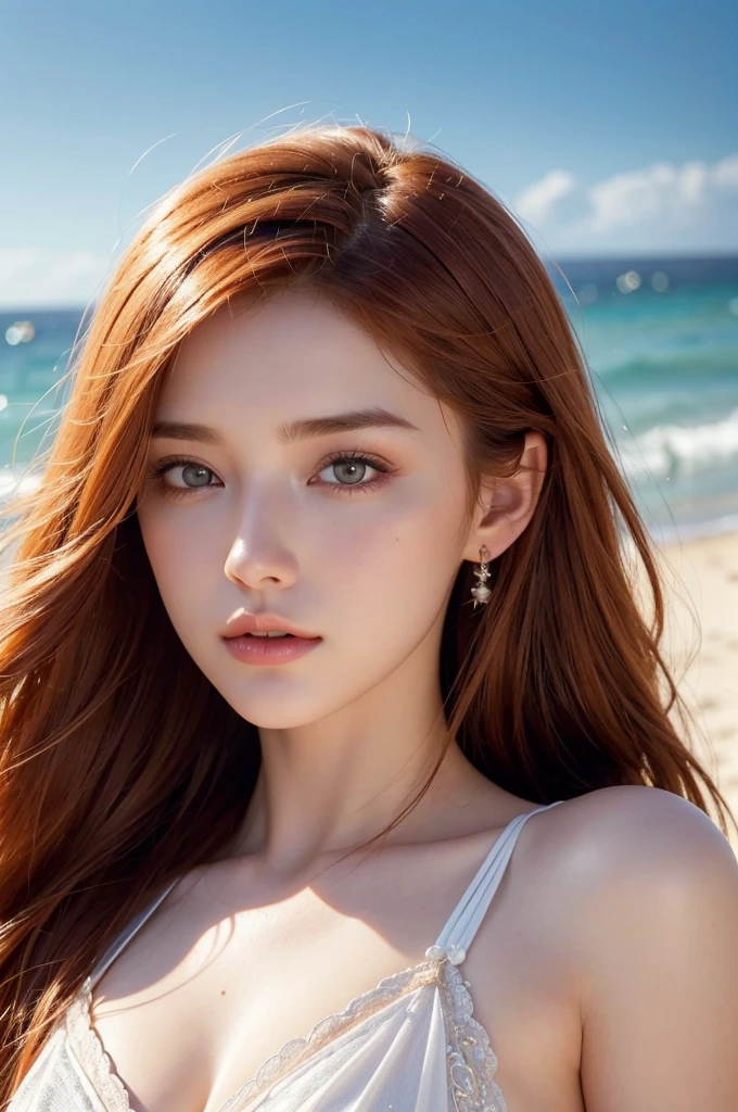 a close up of a woman with long red hair on a beach, with pale skin,natural soft pale skin, flowing pale ginger hair,extremely beautiful face, lovely delicate face, beautiful delicate face, ornate, dynamic pose, reflected light, soft sharp, octane render, ultra realistic, artgerm, pixar, artstation, edge lighting, high res, 8k,Exquisite facial features, beautiful facial features, holy light shines, heavenly soft light, luxury,creating iridescent reflections, dreamlike, smooth, hyper-detailed, photorealistic, intense shading, clean sharp focus,realistic hyper-detail,mystical,intricate, elegant, highly detailed, majestic, digital photography,(sks),masterpiece, best quality, highly detailed, 8k,