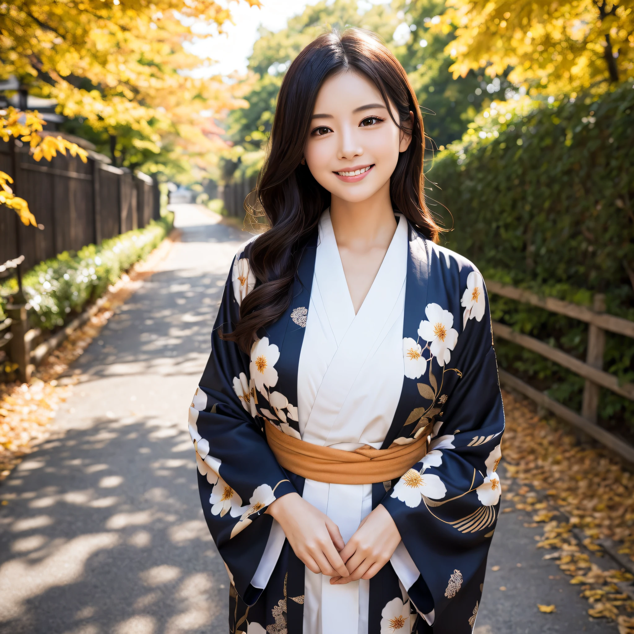 (Super beautiful woman in kimono)、((best qualtiy、8k masterpieces:1.3))、foco nítido:1.2、(ultra beautiful faces:1.0)、(shinny skin:1.0)、photos realistic、A dark-haired、Video Lighting、High-definition eyes and face、Video Lighting、Japanese actressl、from the front side、medium breasts、With a happy smile、wearing kimonos、Under the autumn leaves、obi