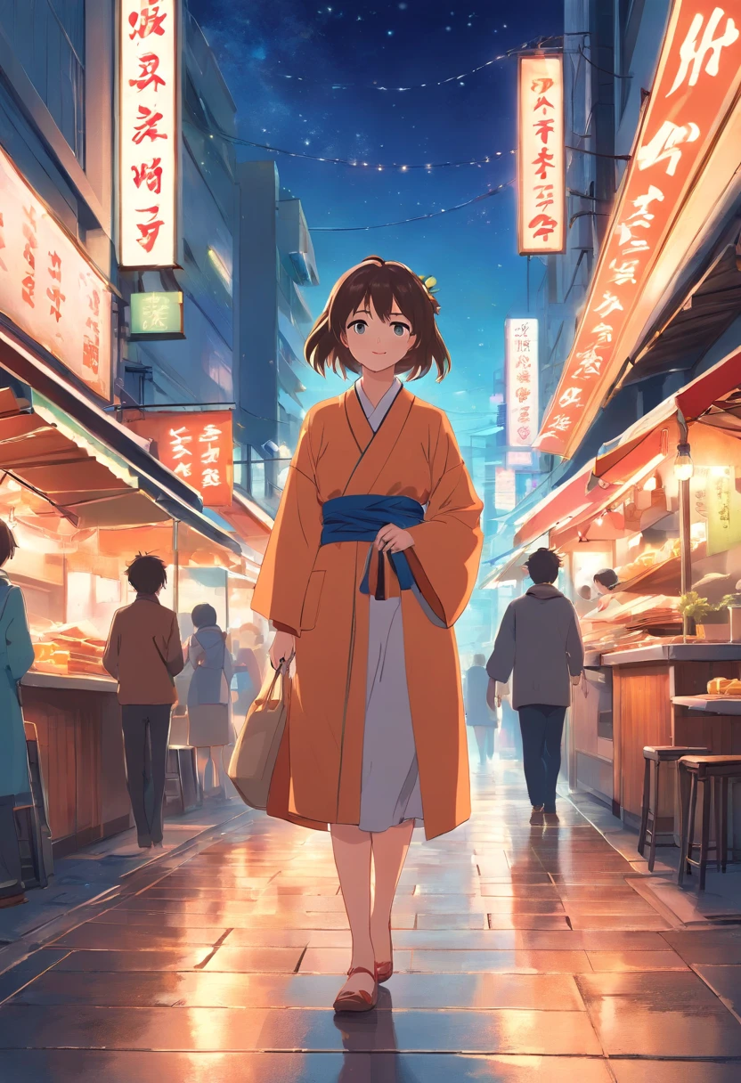 (girls or girl),night market stroll,starlit sky,street scene,illustration and oil painting,detailed and vibrant colors,hazy and warm lighting,best quality,high-res,ultra-detailed(ultra-detailed eyes,ultra-detailed lips),lively and crowded scene,food stalls and neon lights,traditional and modern fusion,expressive and joyful atmosphere,traditional costumes and trendy fashion,taking photos and trying street food,intimate conversations and laughter,blurred background and prominent foreground elements,enticing aroma and lively soundscape,blend of old architecture and modern skyscrapers