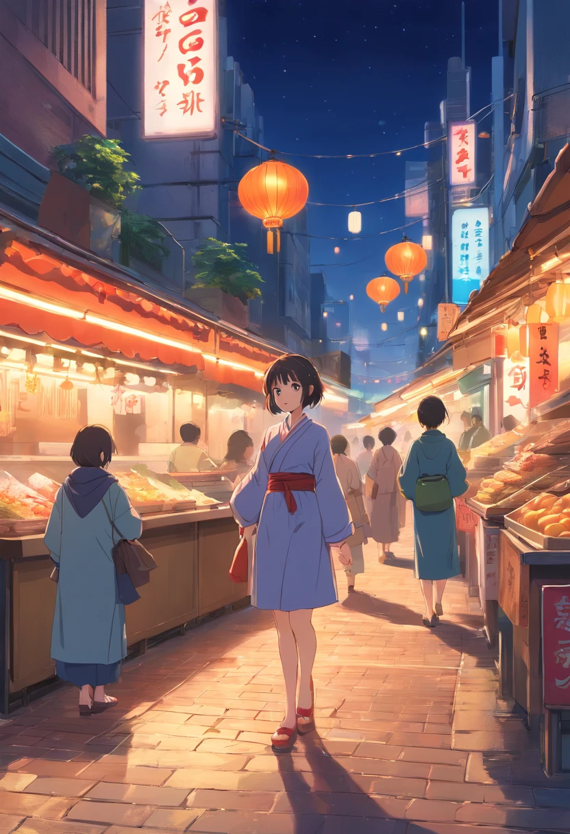 (girls or girl),night market stroll,starlit sky,street scene,illustration and oil painting,detailed and vibrant colors,hazy and warm lighting,best quality,high-res,ultra-detailed(ultra-detailed eyes,ultra-detailed lips),lively and crowded scene,food stalls and neon lights,traditional and modern fusion,expressive and joyful atmosphere,traditional costumes and trendy fashion,taking photos and trying street food,intimate conversations and laughter,blurred background and prominent foreground elements,enticing aroma and lively soundscape,blend of old architecture and modern skyscrapers