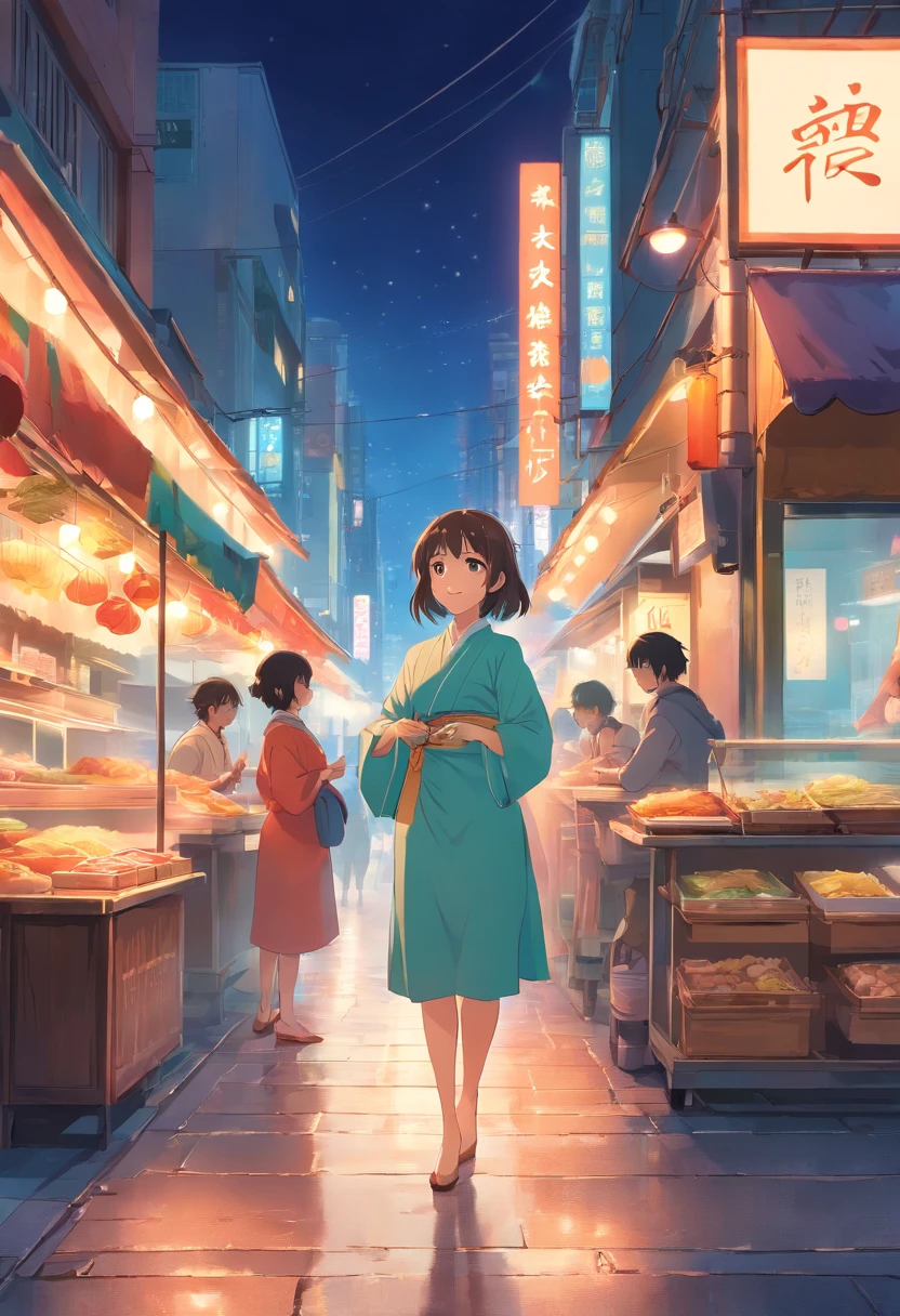 (girls or girl),night market stroll,starlit sky,street scene,illustration and oil painting,detailed and vibrant colors,hazy and warm lighting,best quality,high-res,ultra-detailed(ultra-detailed eyes,ultra-detailed lips),lively and crowded scene,food stalls and neon lights,traditional and modern fusion,expressive and joyful atmosphere,traditional costumes and trendy fashion,taking photos and trying street food,intimate conversations and laughter,blurred background and prominent foreground elements,enticing aroma and lively soundscape,blend of old architecture and modern skyscrapers