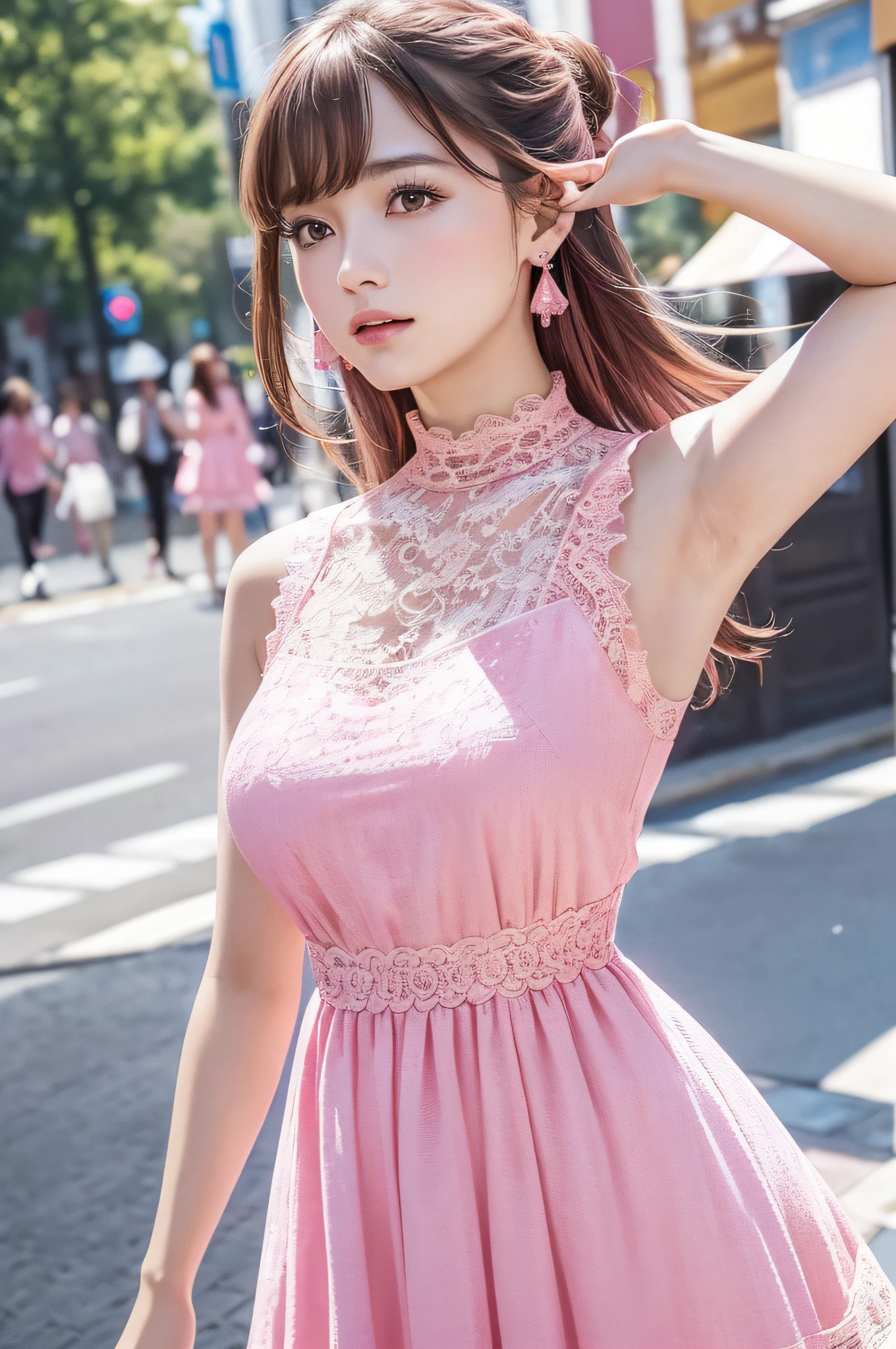 a woman posing on the street corner with pink dress on, best quality, high res, 8k, 1girl, (huge breasts), day, bright, outdoor, (street:0.8), (people, crowds:1), (lace-trimmed dress:1.5, pink clothes:1.5, pink high-neck dress:1.5, sleeveless dress, pink dress: 1.5), gorgeous, (medium hair), beautiful detailed sky, beautiful earrings, (dynamic pose:0.8), (upper body:1.2), soft lighting, wind, shiny skin, looking at viewer,