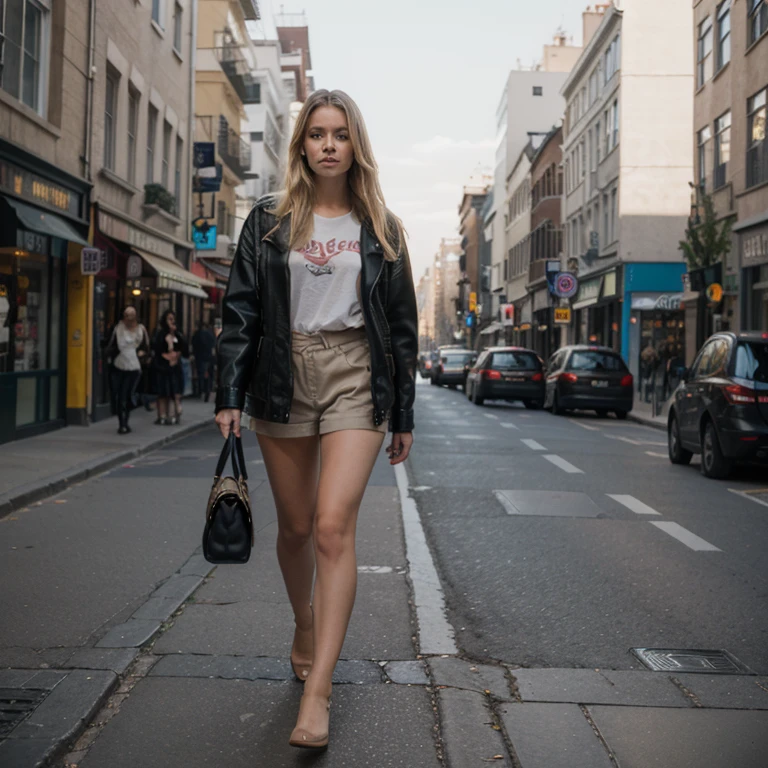 Blonde girl walks down the street, a masterpiece, Fujifilm, XT3 grain, ((Hyper-realistic)), 8k,realistic textures
