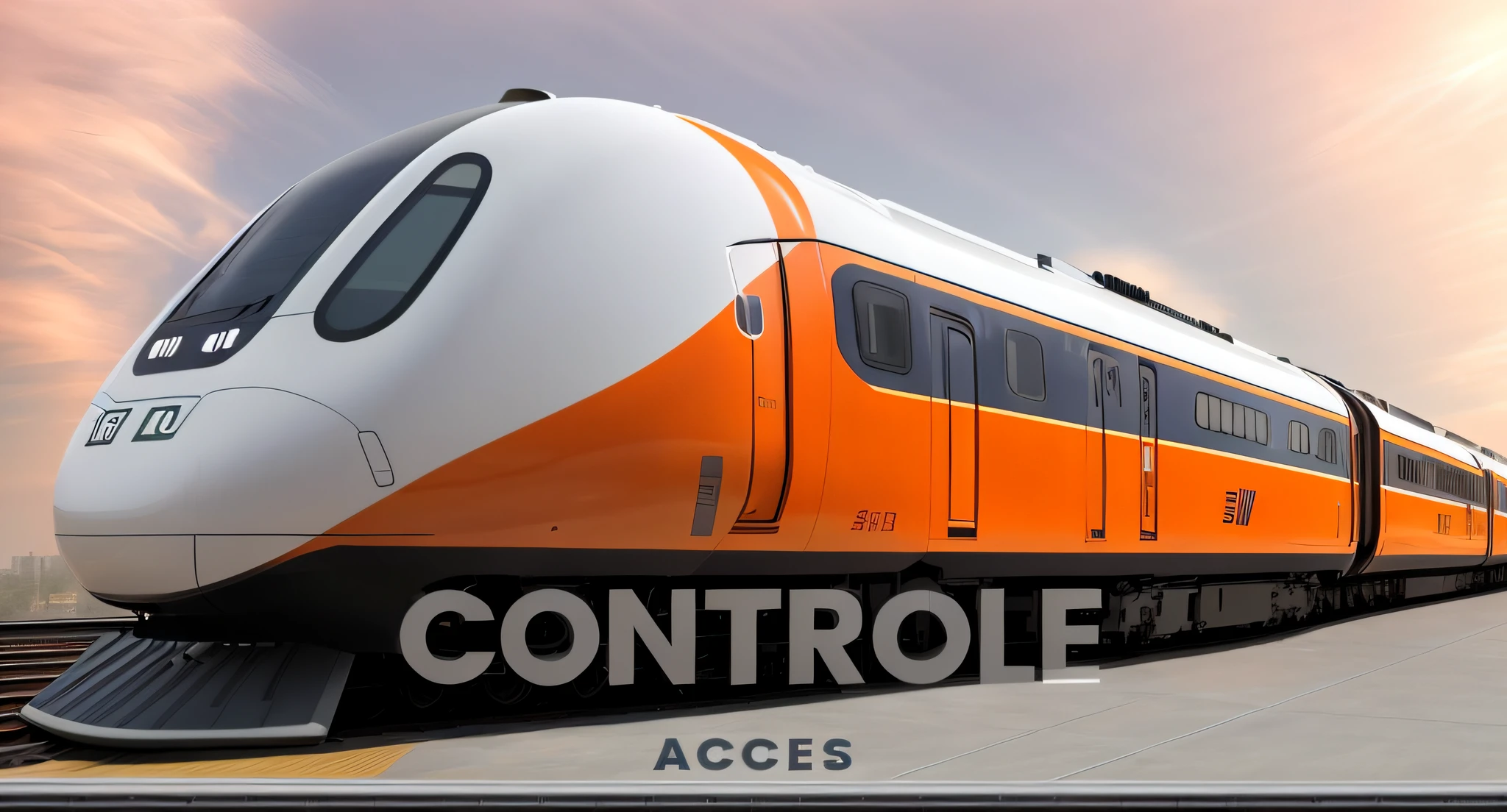 arafly colored orange train on tracks in a building with a sky background, train, supersonic trains and passengers, high speed trains, bullet train, future locomotive style, trains, transportation design render, digitally painted, jr sc maglev, train in a tunnel, train station background, digital render, platform, choo choo, trains in the background, artistic render, artistic pose, text as "Access controls"