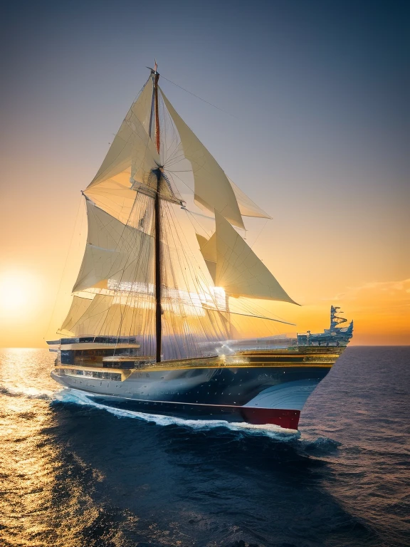 In a breathtaking scene, a resplendently majestic solar sailer glides through a tranquil sky. by alex1shved It is a vibrant and opulent vessel, adorned with glistening golden accents and intricate celestial motifs. The image, a digitally enhanced photograph, captures the sailer in impeccable detail, showcasing its sleek contours and shimmering solar panels. Each intricate brushstroke brings out the vessel's magnificence, its regal presence commanding attention. The viewer is transported into a realm of utmost luxury and futuristic elegance, where the solar sailer stands as a beacon of technological prowess and artistic craftsmanship. by alex1shved