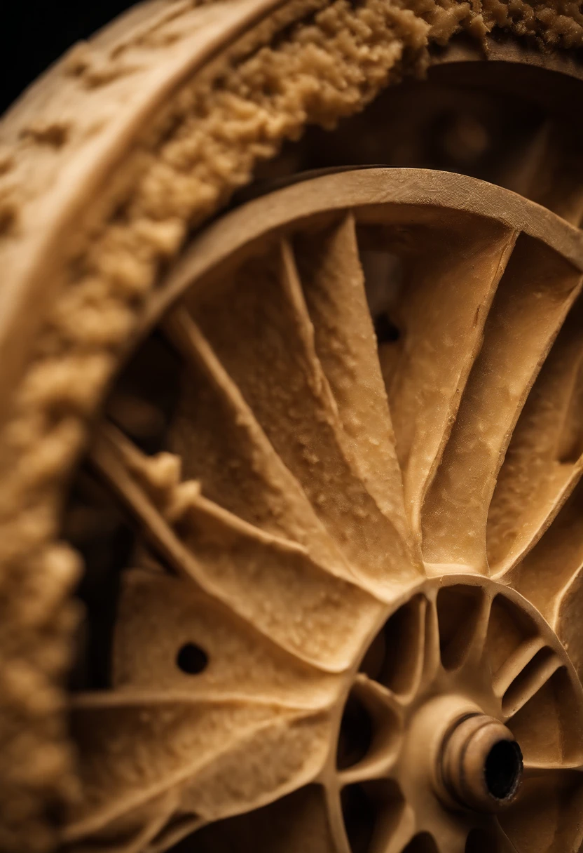 A detailed close-up shot of a wheel of aged Parmesan cheese, highlighting the distinctive crumbly texture and the intricate patterns on its rind.