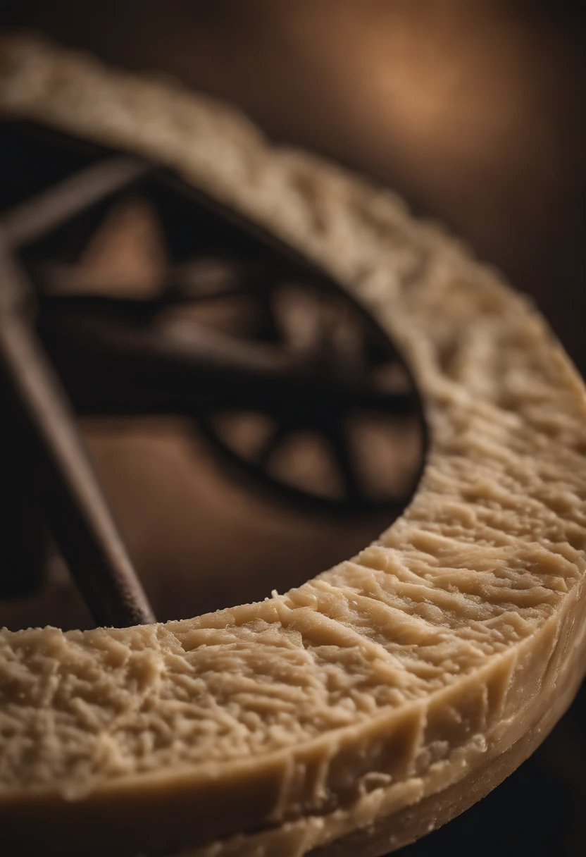 A detailed close-up shot of a wheel of aged Parmesan cheese, highlighting the distinctive crumbly texture and the intricate patterns on its rind.