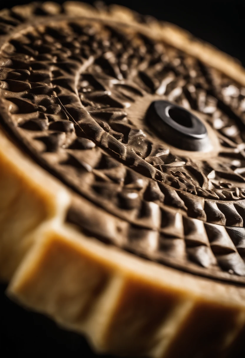 A detailed close-up shot of a wheel of aged Parmesan cheese, highlighting the distinctive crumbly texture and the intricate patterns on its rind.