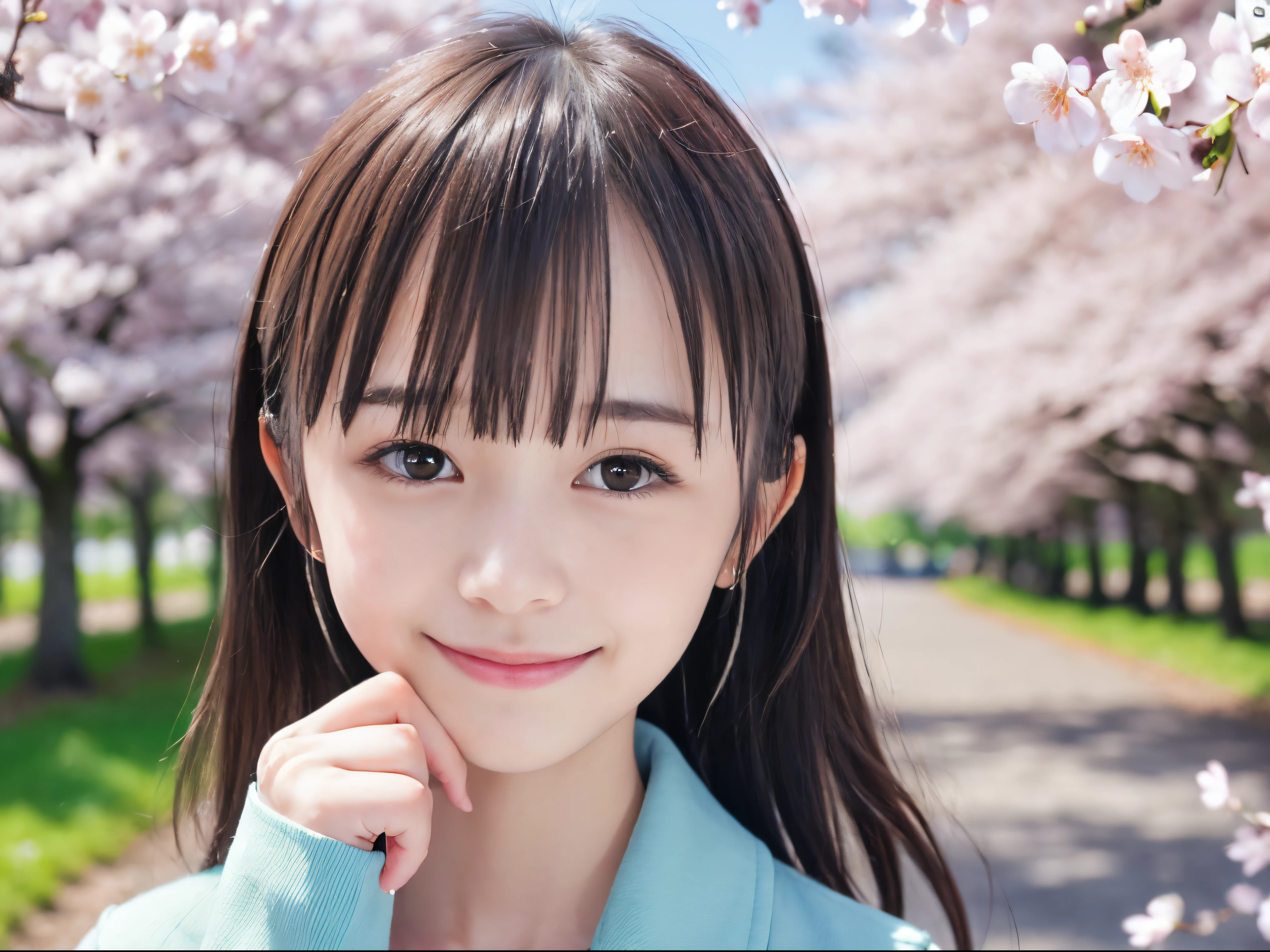 (Close up portrait of slender small breasts half up hair with dull bangs girl in pastel colored jacket and shirts:1.5)、(A girl open her arms wide with small smile and her hair fluttering :1.5)、(Rows of cherry blossom trees in full bloom and cherry blossom petals dancing in the wind:1.5)、(Blurry background,:1.5)、(Perfect Anatomy:1.3)、(No mask:1.3)、(complete fingers:1.3)、Photorealistic、Photography、masutepiece、top-quality、High resolution, delicate and pretty、face perfect、Beautiful detailed eyes、Fair skin、Real Human Skin、pores、((thin legs))、(Dark hair)