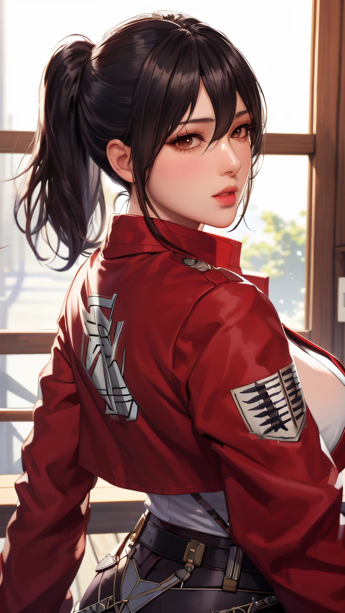 (((planning_ackerman,through bangs, obi strip, belt buckle, 黑The eye, black hair color hair, Brown belt, Brown jacket, Buckle up, Formal shirts, hair between eye, jaket, longer sleeves, Medium hair, Open your clothes, Open jacket, uniform of heaven, red neckchief, The shirt, ))),((tmasterpiece)),A high resolution, ((Best quality)),tmasterpiece,top-quality,Best quality at best,((( exquisite facial features,looking at viewert,There is light in the eyes,Smilingly,self-assured ))),(((Light and shadow interlace,huge boob))),(((araf asian woman posing, beautiful Korean women, Sam rice cereal, Realistic young gravure idol, Lop, beautiful attractive anime woman, Korean girls, Japan goddess, drying,and the sun was shining brightly, seductive anime girls, gorgeous young korean woman, yanjun chengt,from back,plump butt)))