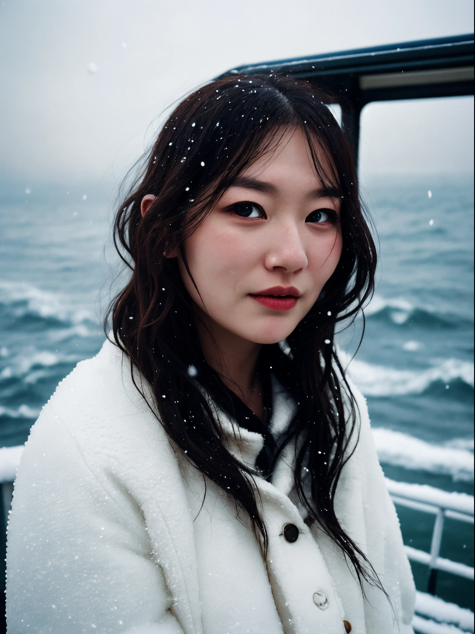 1womanl、late 20s age、(Strong-willed super beautiful woman)、(ultra beautiful faces)、Wearing makeup、Wavy brown hair、Shallow depth of field、It's snowing since I got off the night train、Only the sound of the sea is heard、I also took the ferry alone、I was staring at the freezing seagull. she wears without cloths