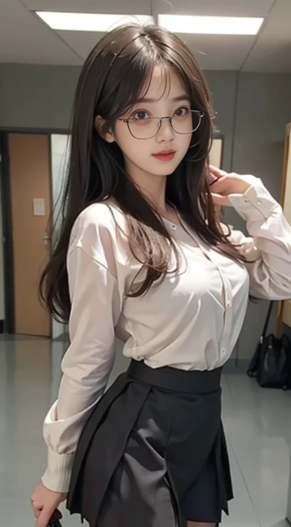 （Girl standing in office locker room）ulzzang -6500-v1.1、(Raw foto:1.2)、(Photorealcitic:1.4)、Beautiful detail girl、extremely detailed eyes and face、beautiful delicate eyes、A Smile、huge file size、extremely highly detailed、Hight Resolution、ighly Details、Top  Quality、​masterpiece、（（back-view））（(Translucent black tight skirt))、）（No jacket）illustratio、ighly Details、NFFSW (english) (english)、unification、8k wallpaper、astonishing、delicate detail、​masterpiece、Top  Quality、highly detailed ticker uniform 8k wallpaper、 light on the face、cinematic lightings、1girll、Sixteen years old、Long gray hair、side split、(Beautiful Tits)、(Without panties))、(spectacled)、((dynamicposes)))、((Sexy Pose)))、(Camel's toe)、(half)、(Pantyhose)、((Black hip skirt))