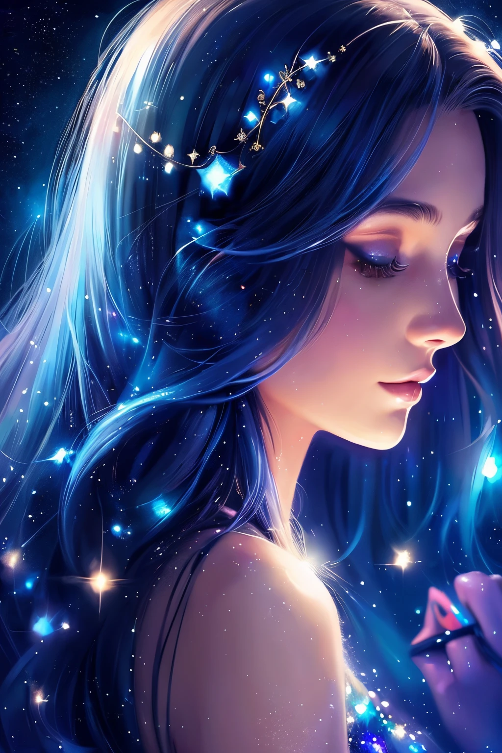 (a girl,night sky,starry sky,close up shot), (illustration,painting), (beautiful,long hair), (sparkling stars,moonlight), (best quality,ultra-detailed), (romantic,colorful), (soft lighting,gentle glow), (no revealing outfits), looking at the viewer.