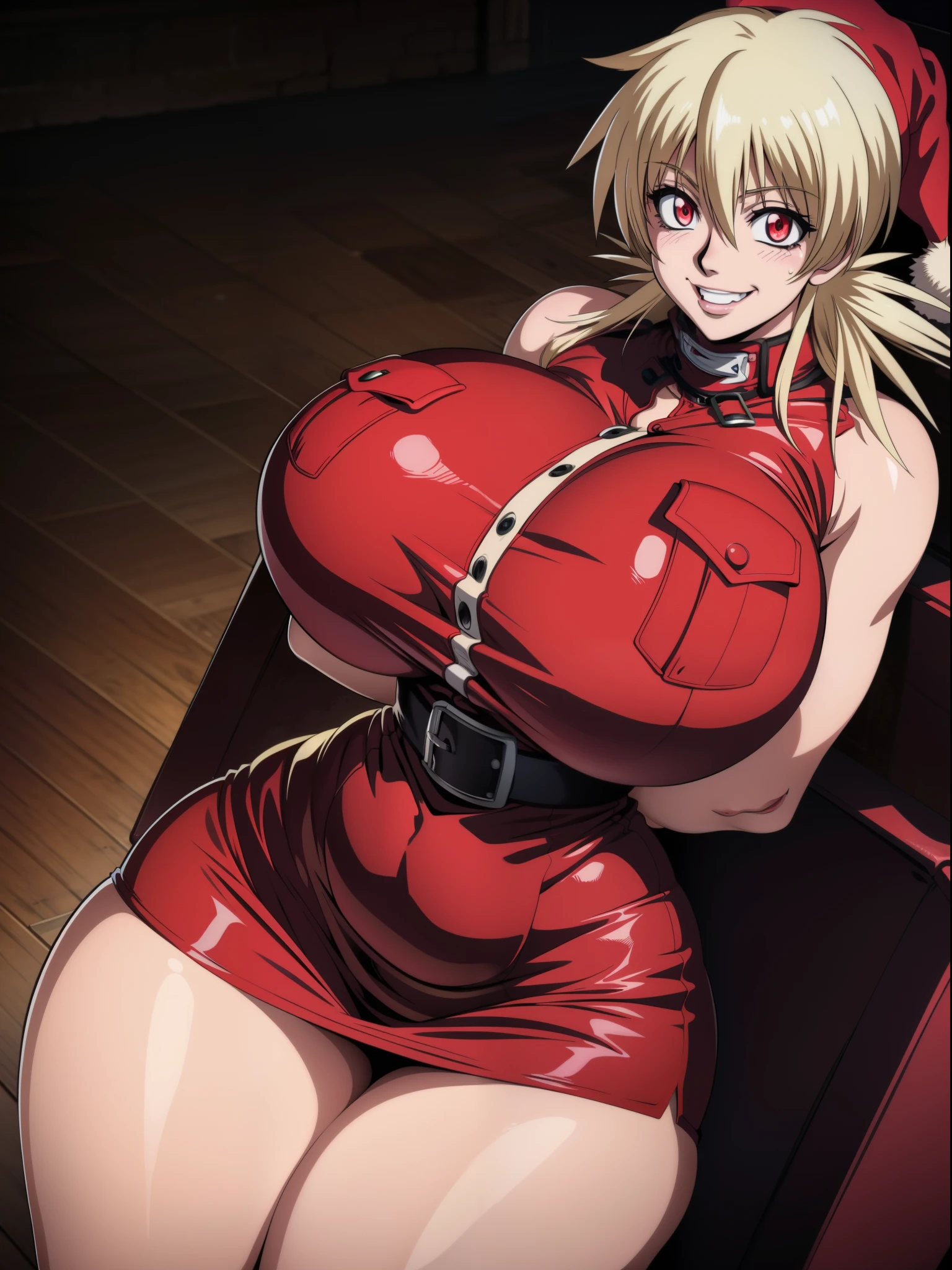 Masterpiece, 4K, Hellsing Ultimate, Seras Victoria, 1girl, ((bimbo))), short blond spikey hair, red eyes, cute smile face, puffy lips, thick lips, wide hips, thick, thick thighs, smile face, enormous round fake breast, huge ass, sexy Christmas outfit, Christmas,