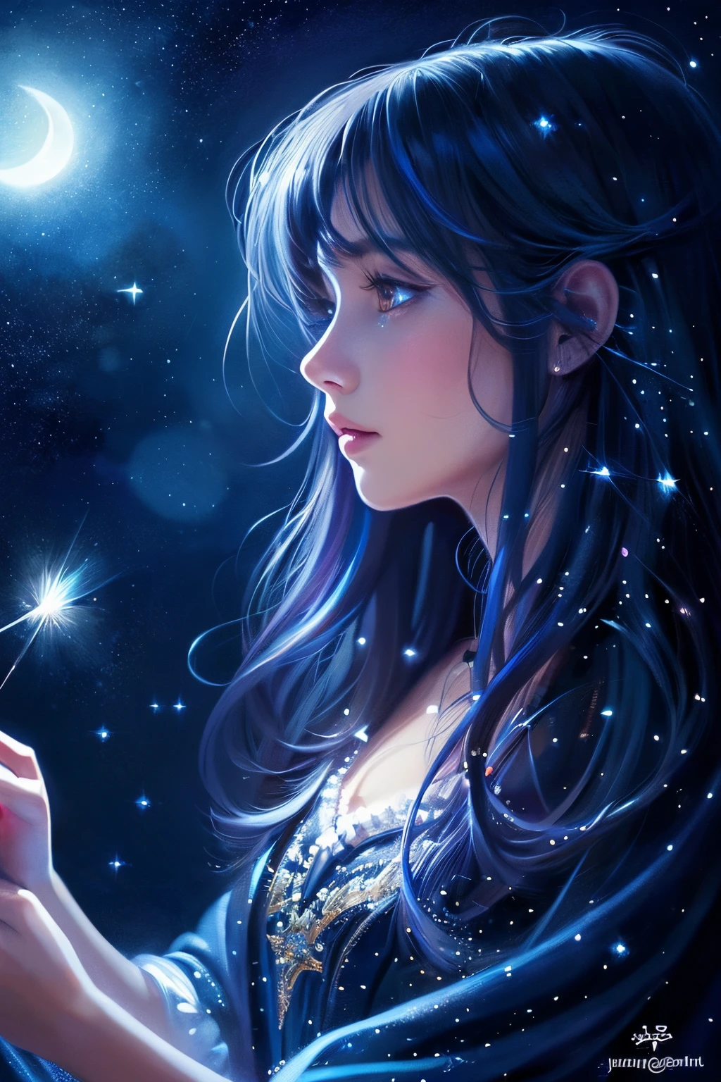 (a girl,night sky,starry sky,close up shot), (illustration,painting), (beautiful,long hair), (sparkling stars,moonlight), (best quality,ultra-detailed), (romantic,colorful), (soft lighting,gentle glow), (no revealing outfits), looking at the viewer.