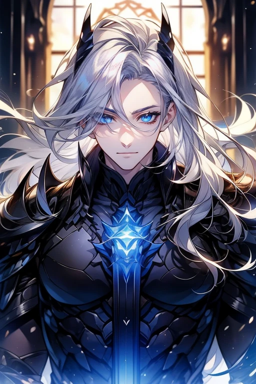 (tmasterpiece、top-quality、Huang Li)、1 Male humans，Mature men，Marvel Gothic Style Diamond Prince，（詳細な目）、（Long white hair），eBlue eyes,lower eyelashes、（Black armor），Upper part of the body、(Sunlight lights)，Only the eyes will shine,Wright,