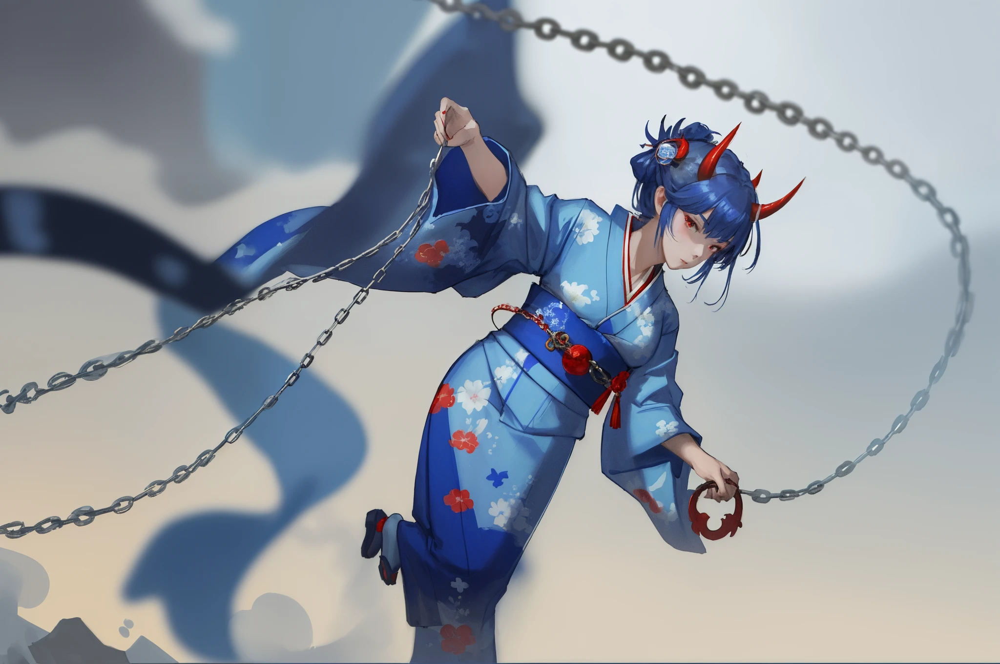 (masterpiece, best quality:1.2), (1girl, solo), blue kimono, red demon horns, boring look, chain extending from her hand