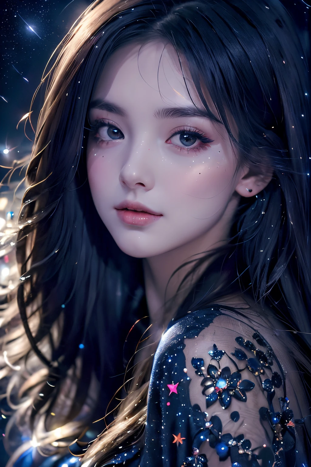 (a girl,night sky,starry sky,close up shot), (illustration,painting), (beautiful,long hair), (sparkling stars,moonlight), (best quality,ultra-detailed), (romantic,colorful), (soft lighting,gentle glow), (no revealing outfits), looking at the viewer.