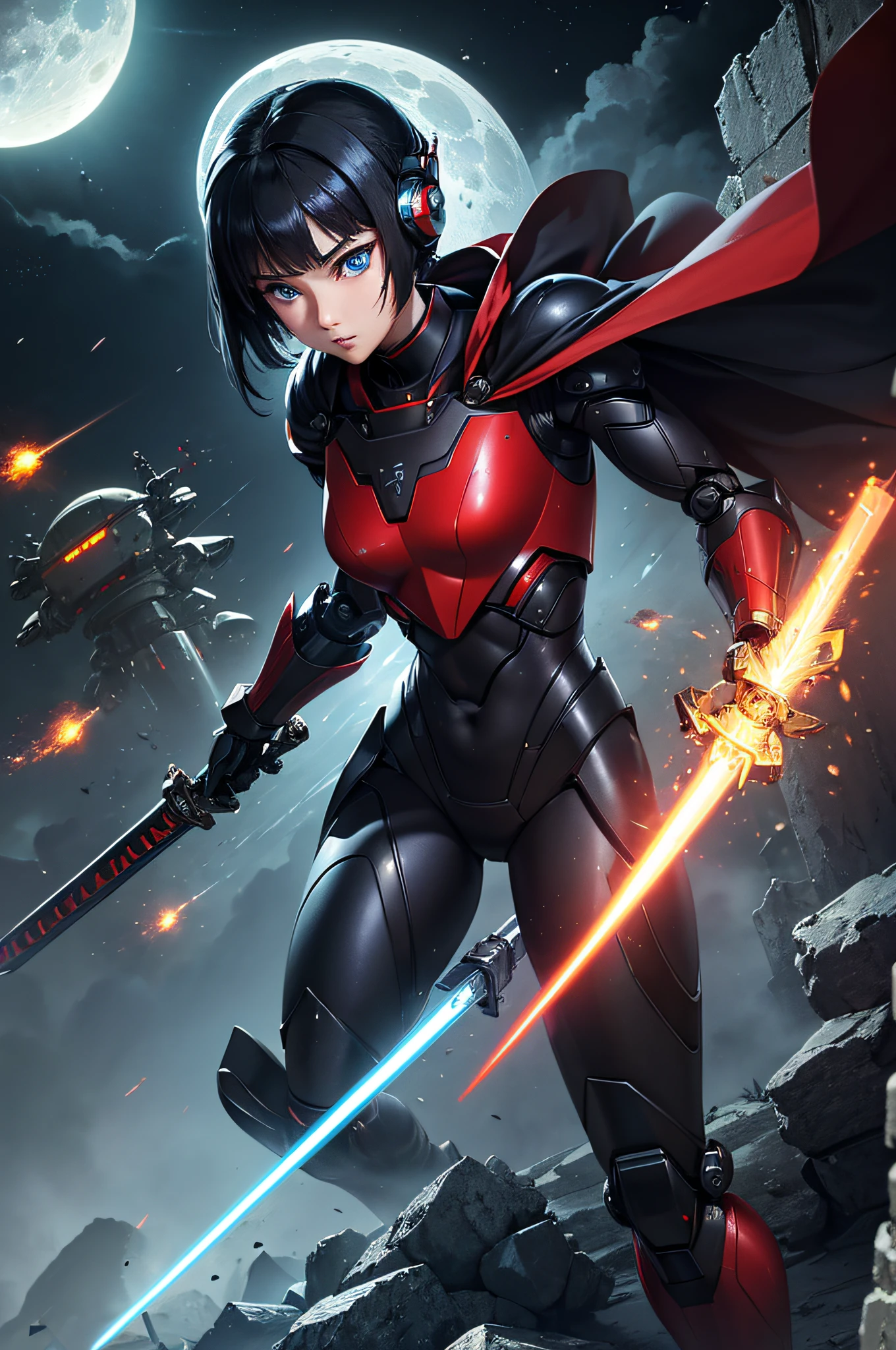 top-quality、Top image quality、masterpiece、hiquality、Beautiful Art、masutepiece、visualart、depth of fields、male people((in her 20s、well-muscled、Black and red bodysuit、Shout、Laser sword dual wielding、Glowing chest、mechanical cloak、blue eyess、Planktonic)),Background with((Lunar base、battle field、Humanoid robot destroyed),